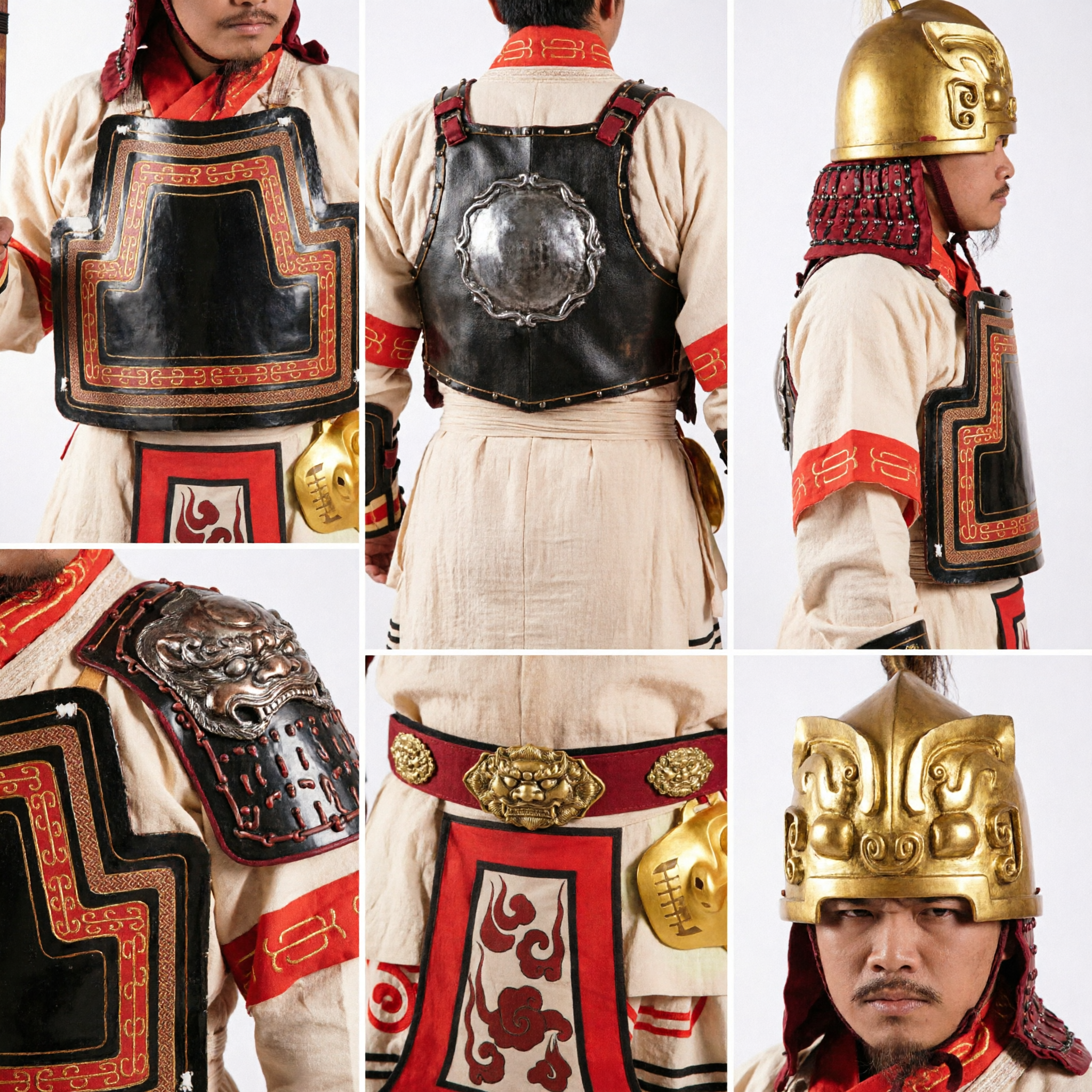 Men's Ancient Chinese General Warrior Cosplay Costume with Golden Armor Helmet and Battle Axe for Stage Performance - Asian Costume