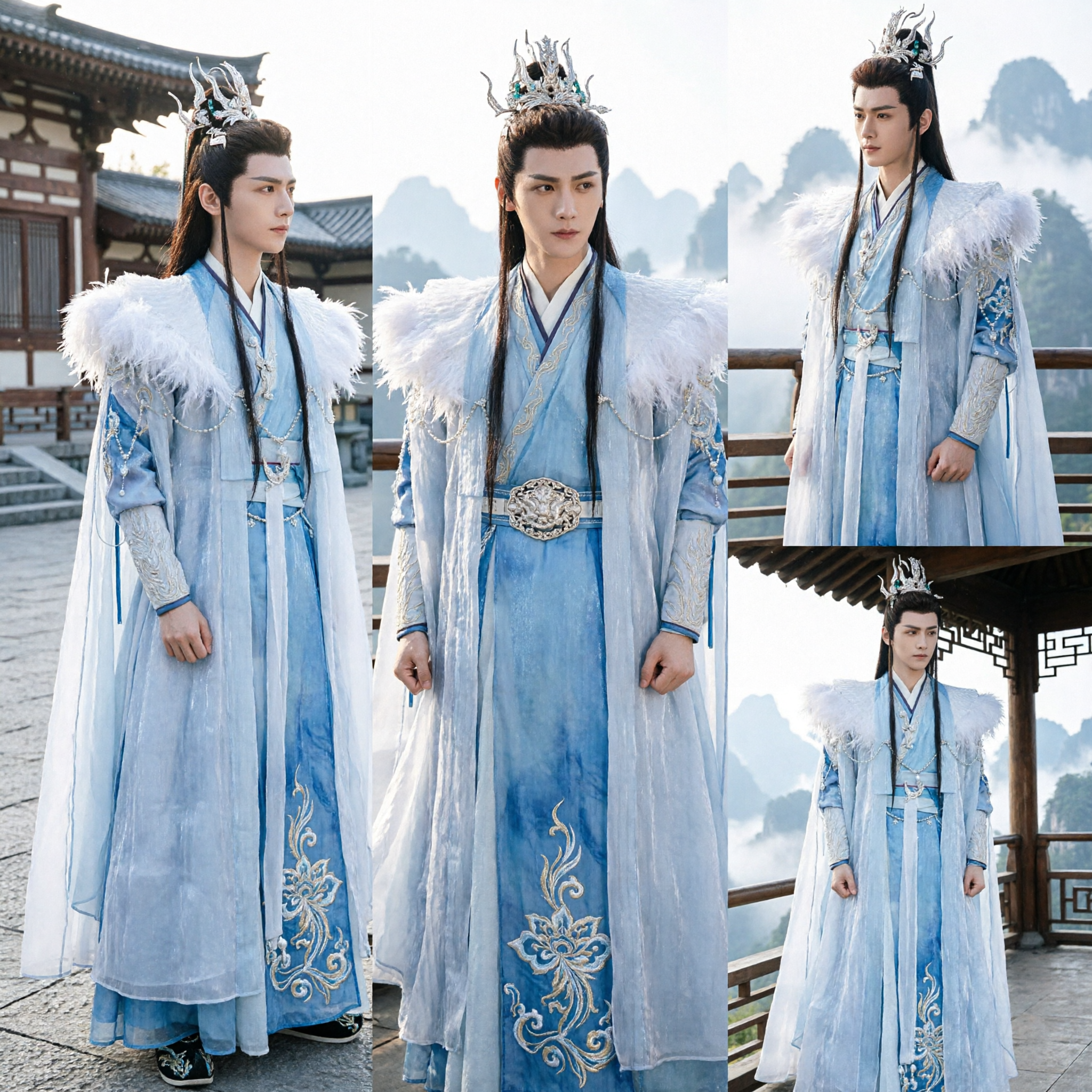 Traditional Chinese Xianxia Hanfu Costume Men Blue Ancient Fantasy Robe with White Fur Trim Cosplay Outfit - Asian Costume