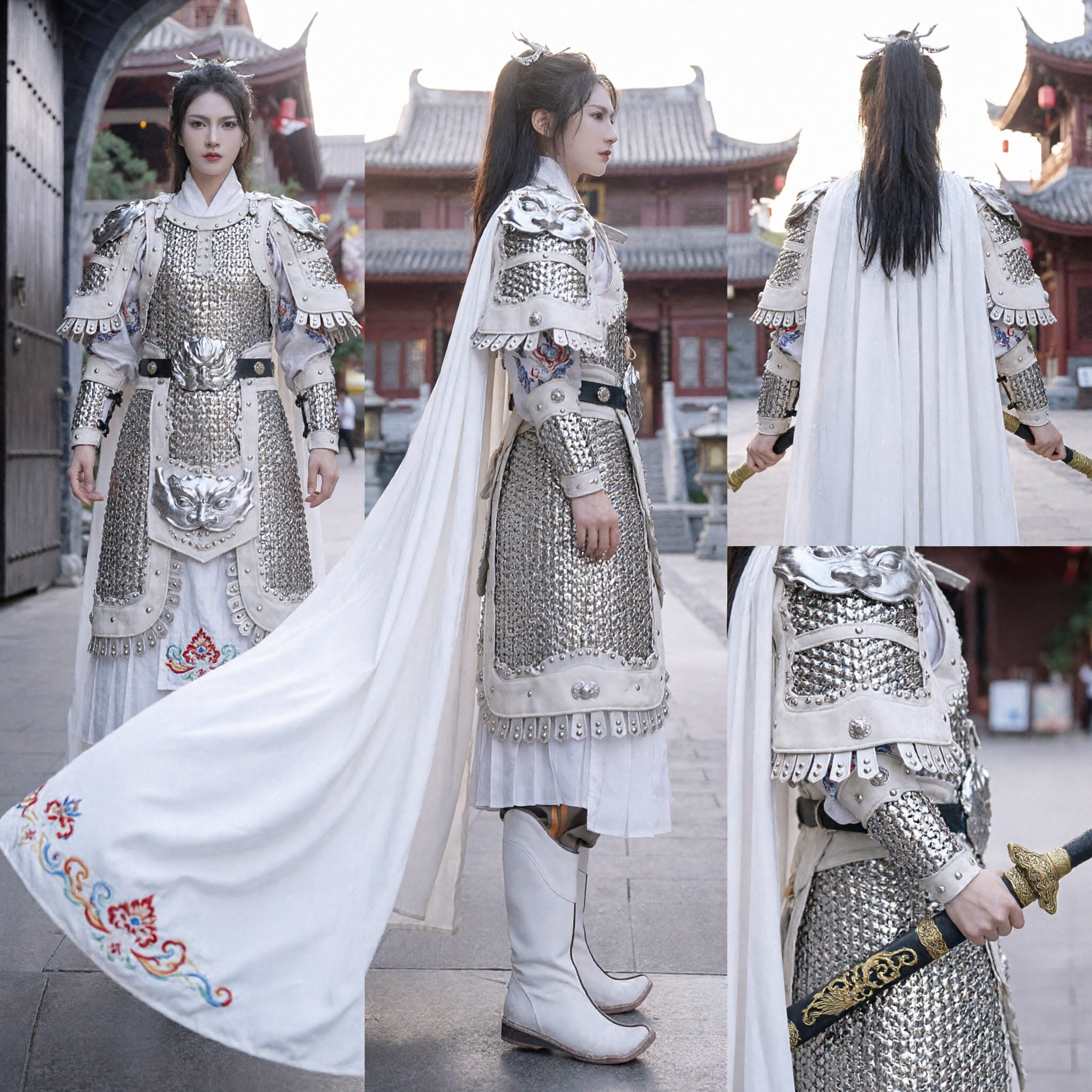 Ancient Chinese General Knight Cosplay Costume White Silver Armor Traditional Hanfu Warrior Outfit for Adults - Asian Costume