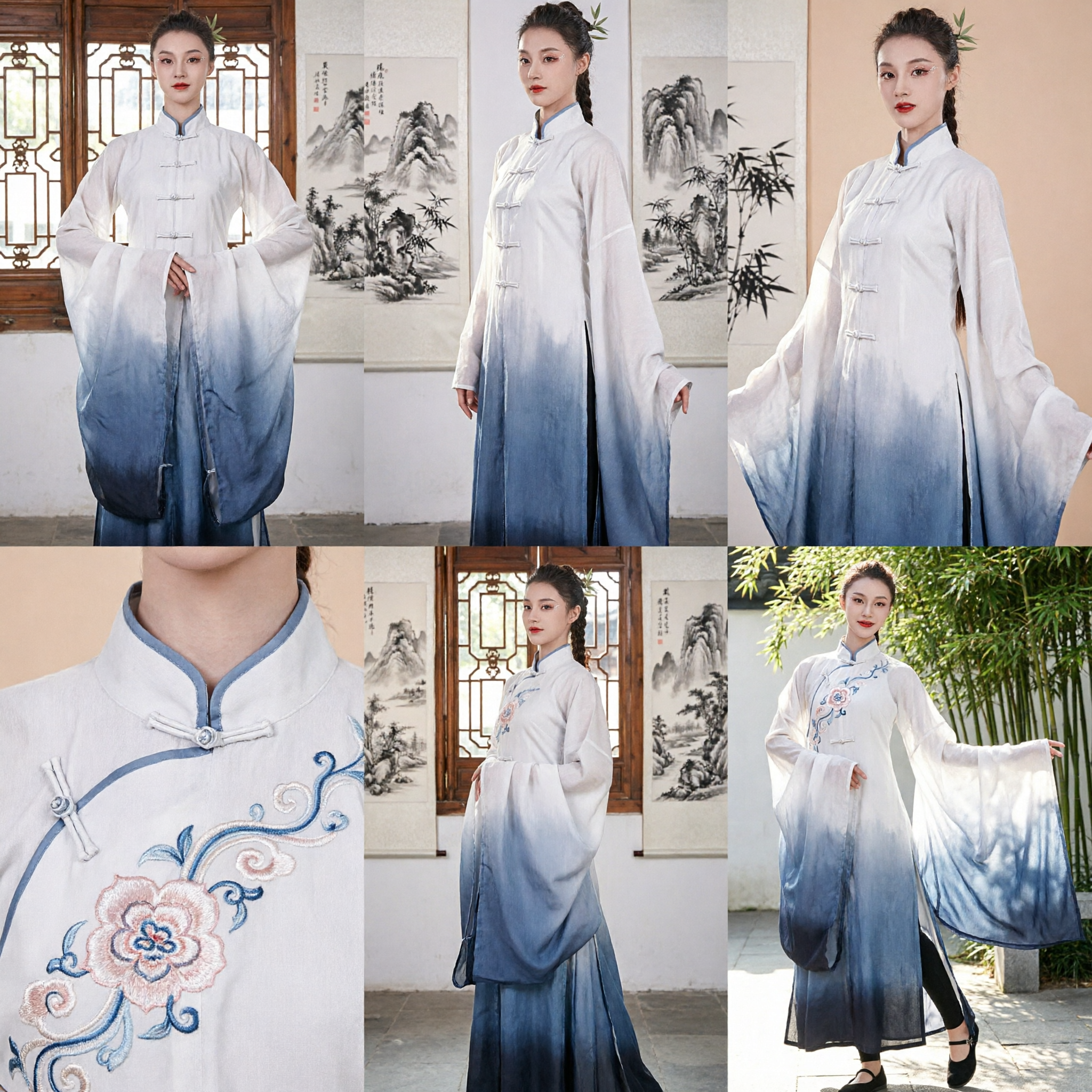 Women's Chinese Traditional Dance Costume White Gradient Long Sleeve Tai Chi Kung Fu Uniform for Stage Performance - Asian Costume