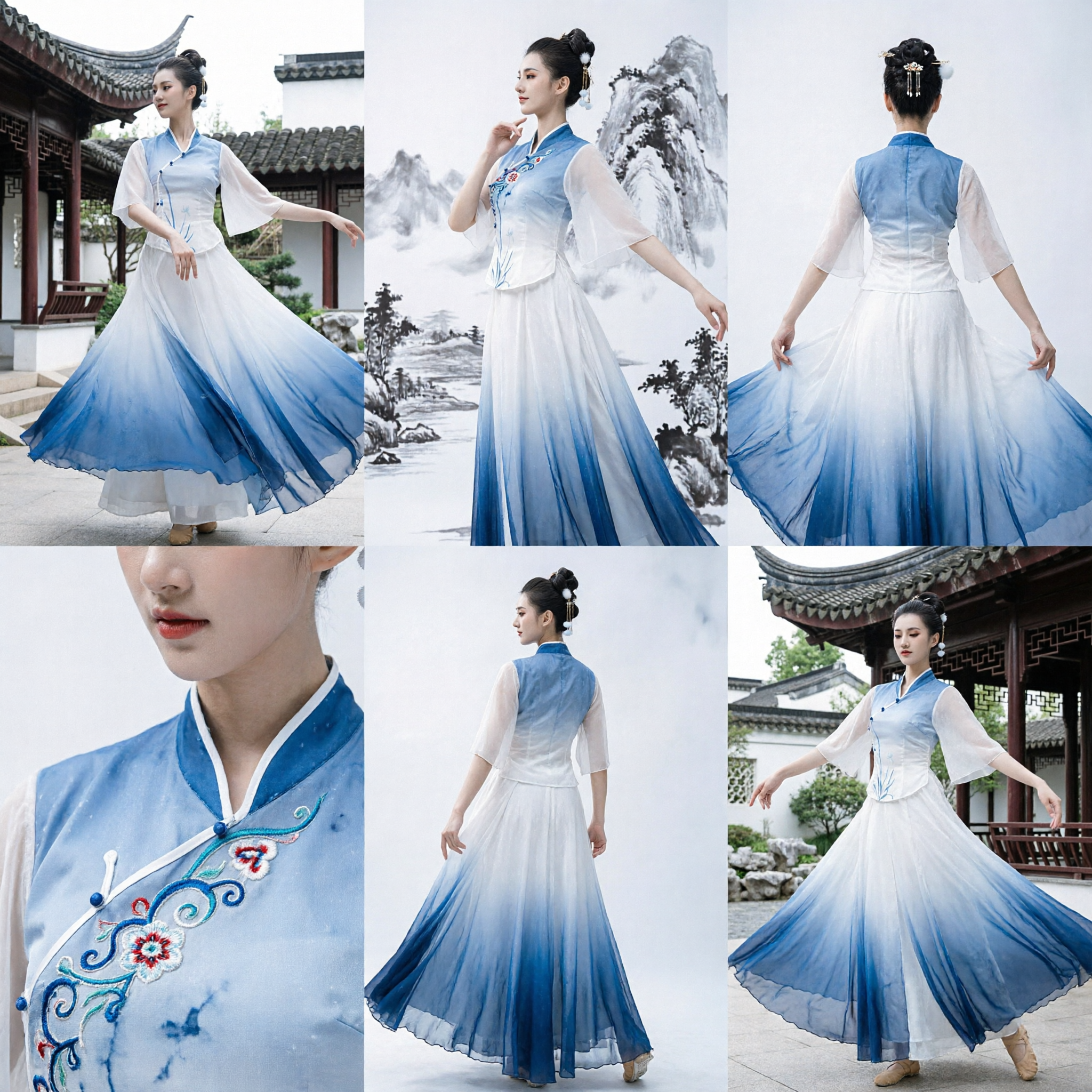 Elegant Blue Gradient Chinese Classical Dance Costume Traditional Hanfu Dress for Women Stage Performance - Asian Costume