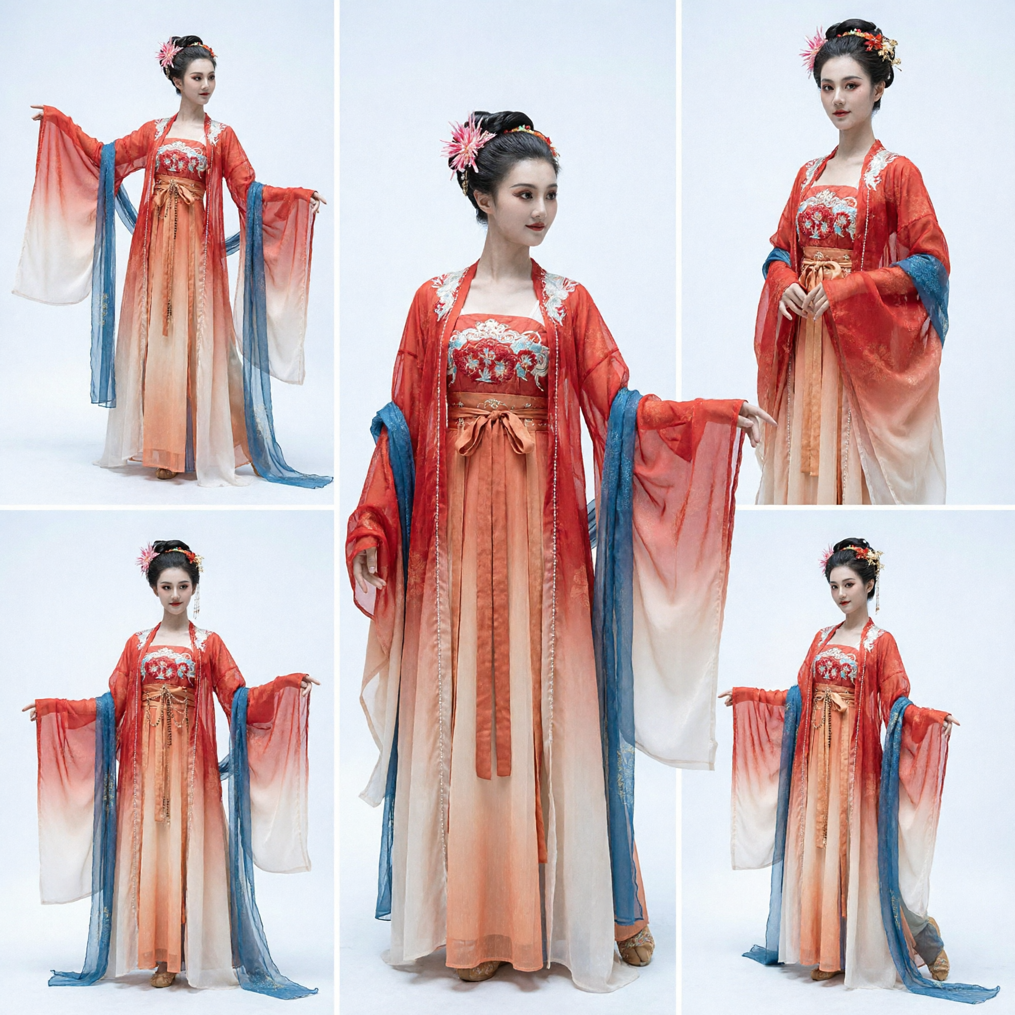 Elegant Tang Dynasty Hanfu Costume for Women Ancient Chinese Fairy Dress Orange Gradient Embroidery Stage Performance Outfit - Asian Costume