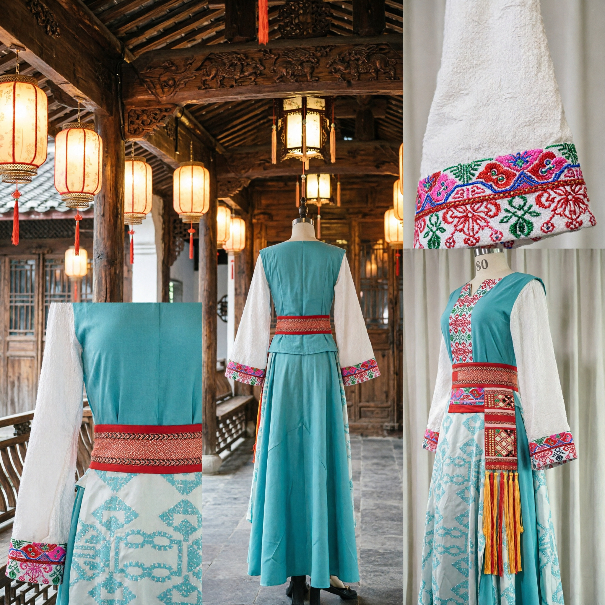 Traditional Chinese Ethnic Minority Folk Dance Costume for Women Blue Teal Embroidered Dress Stage Performance Outfit - Asian Costume