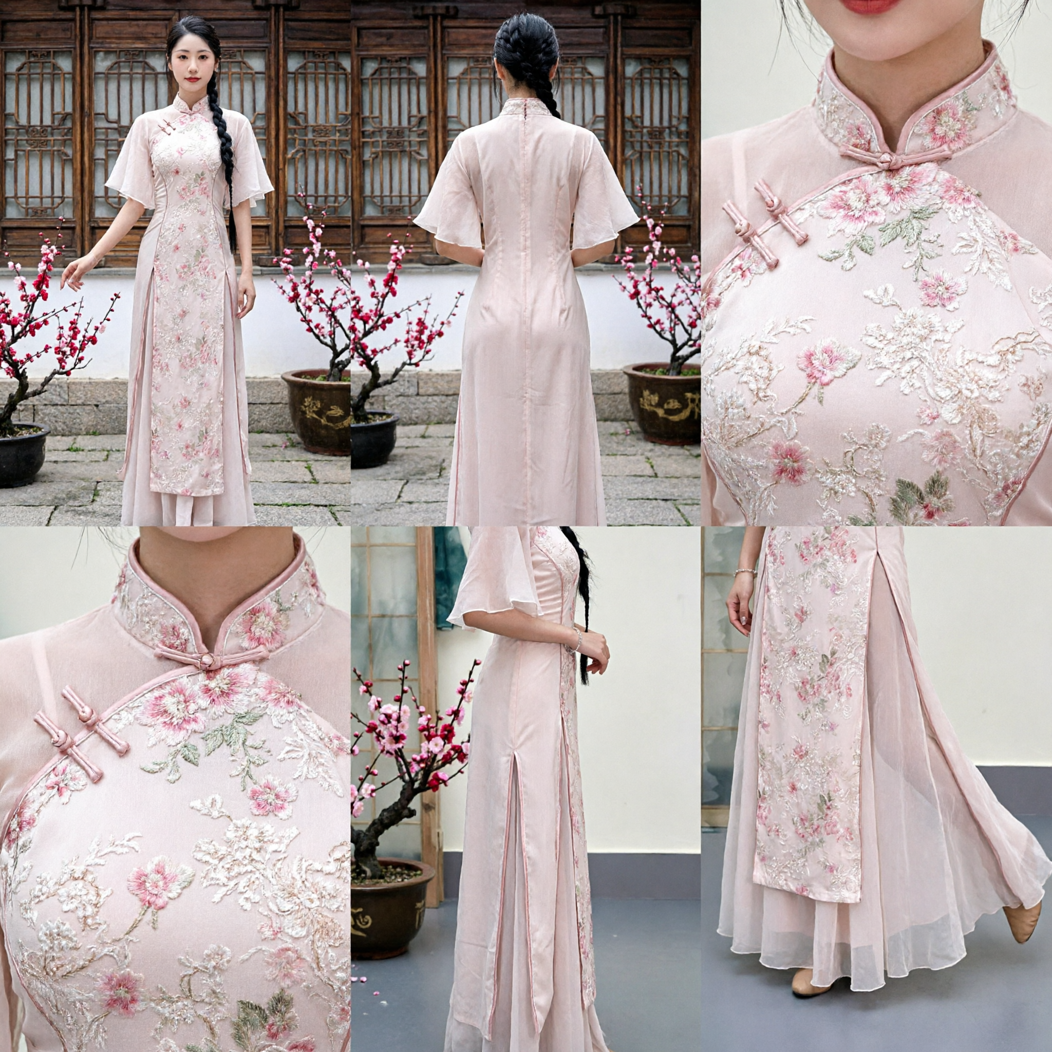 Elegant Pink Floral Embroidered Modified Cheongsam Traditional Chinese Classical Dance Performance Dress for Women - Asian Costume
