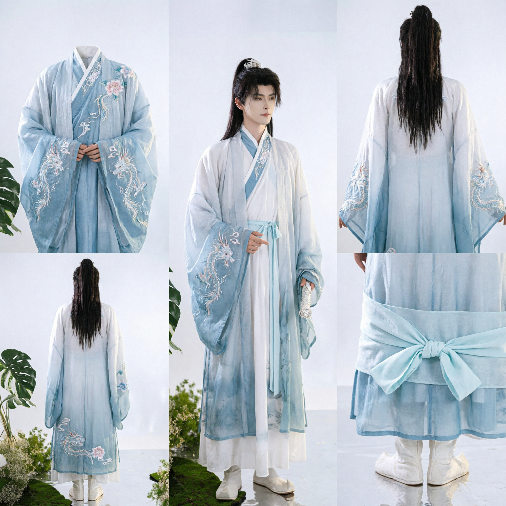 Men's Ancient Chinese Hanfu Costume White and Blue Gradient Robe for Wuxia Swordsman Cosplay - Asian Costume