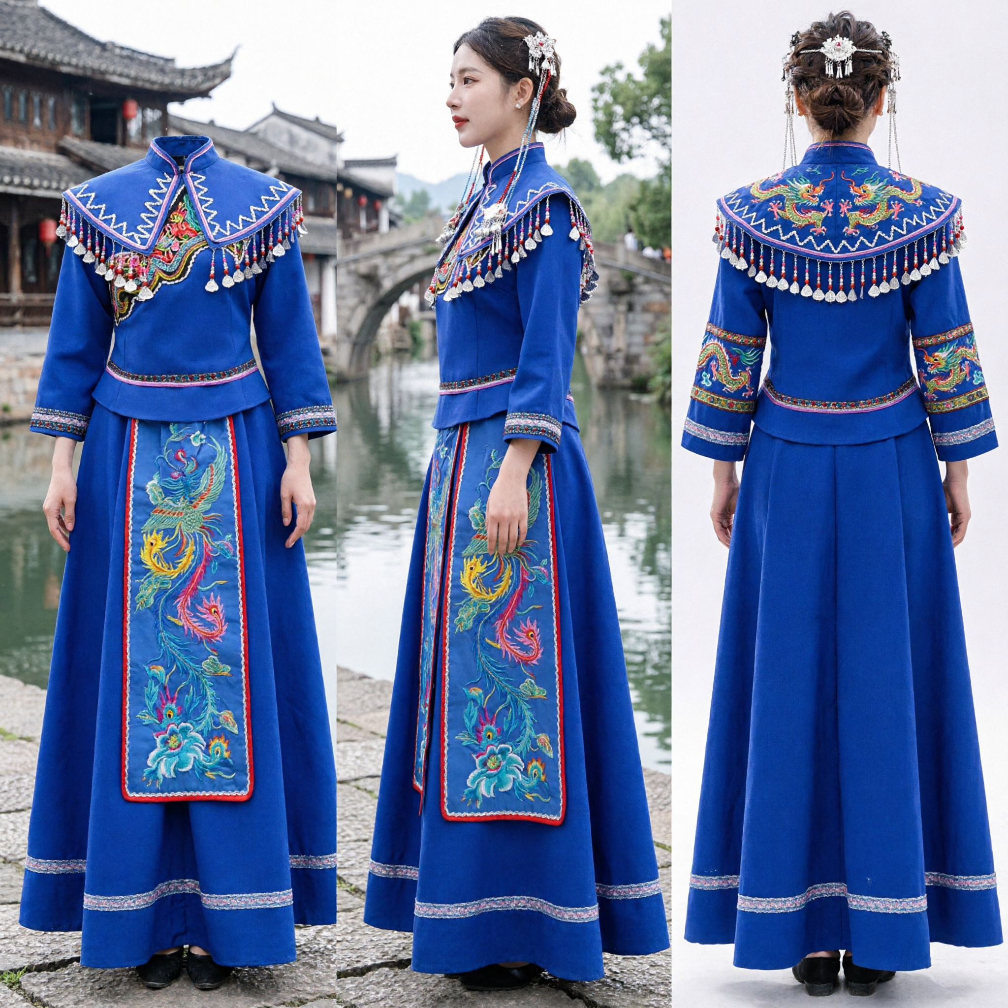 Chinese Traditional Miao Ethnic Costume Royal Blue Embroidered Dress with Phoenix Pattern for Folk Dance Performance - Asian Costume