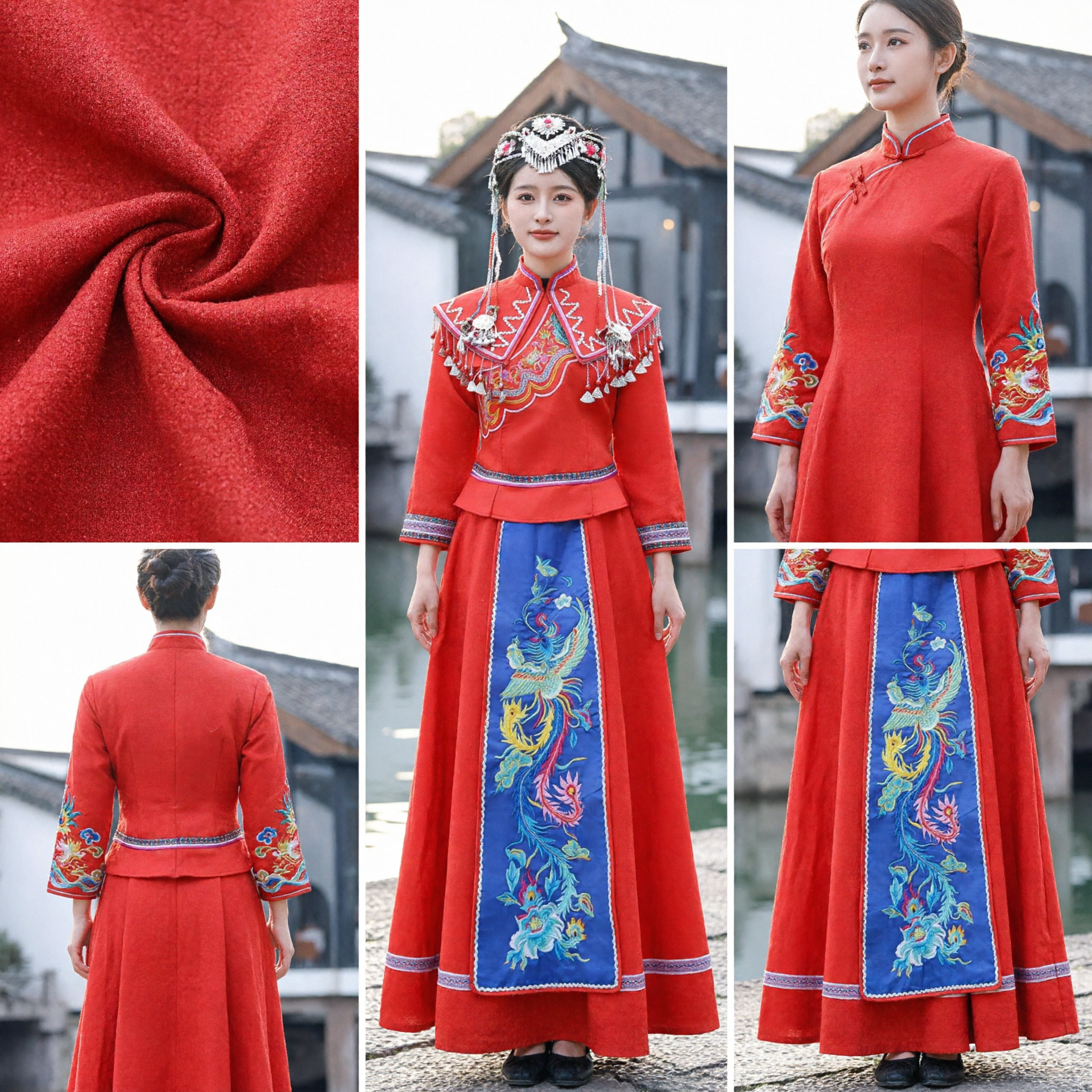 Traditional Chinese Red Bridal Costume with Phoenix Embroidery and Silver Tassels Ethnic Wedding Dress for Women - Asian Costume