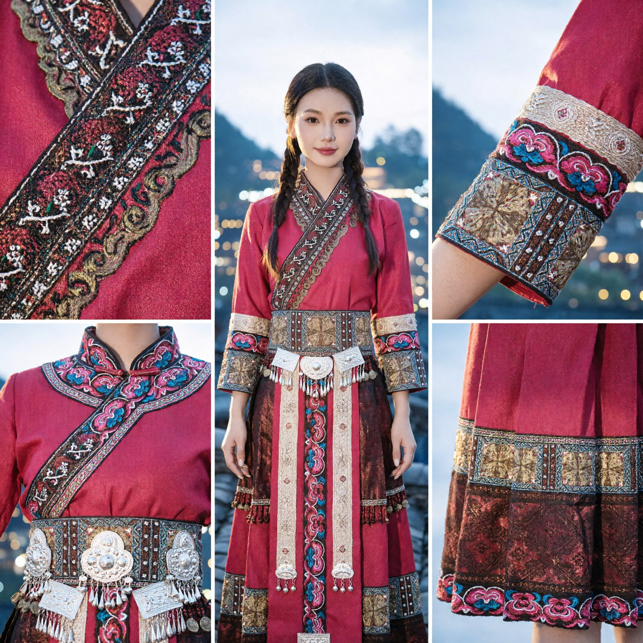 Women's Traditional Chinese Miao Ethnic Costume Pink Brocade Dress for Folk Dance Stage Performance and Cultural Events - Asian Costume