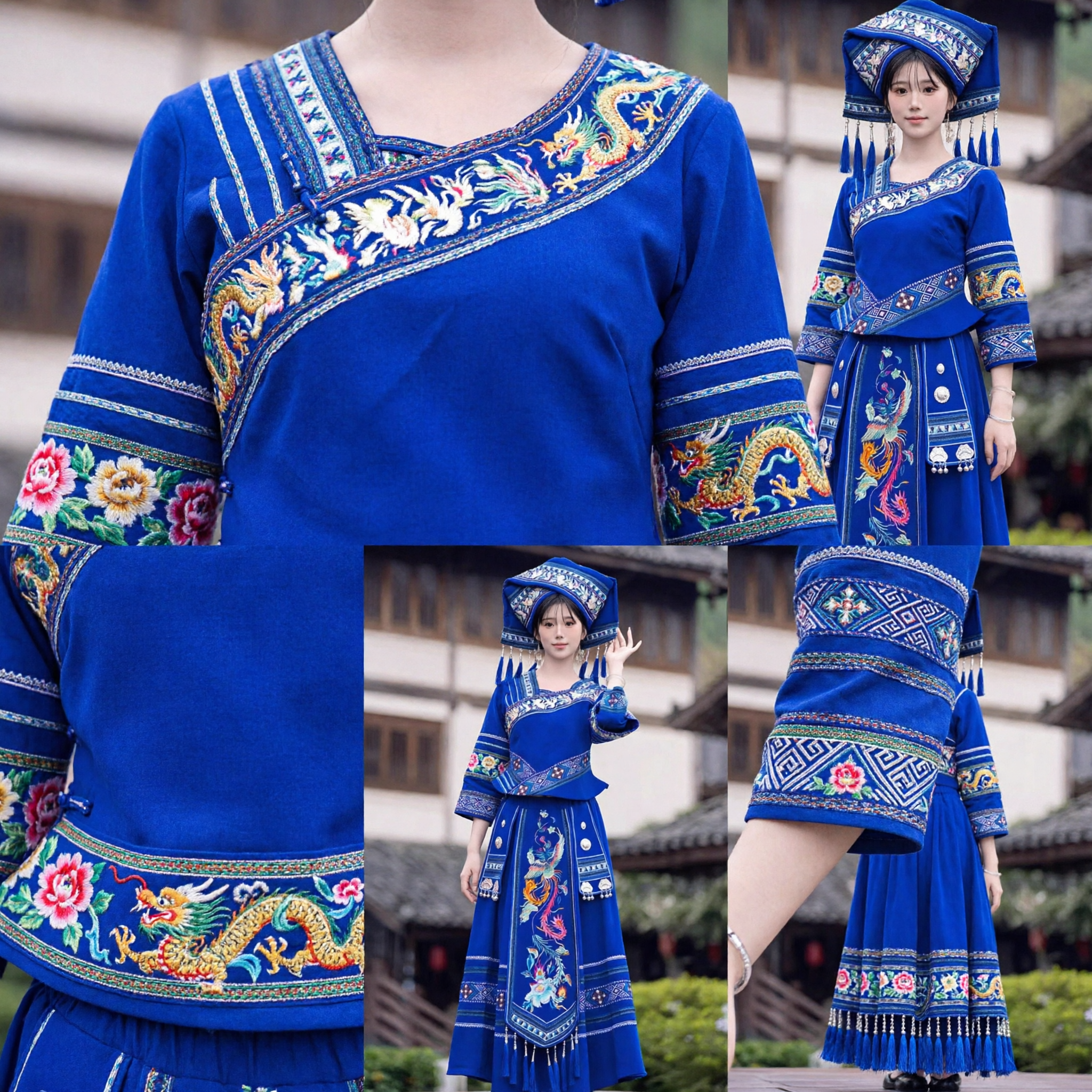Traditional Chinese Blue Embroidered Phoenix Dress Zhuang Ethnic Minority National Costume for Women Dance Performance - Asian Costume