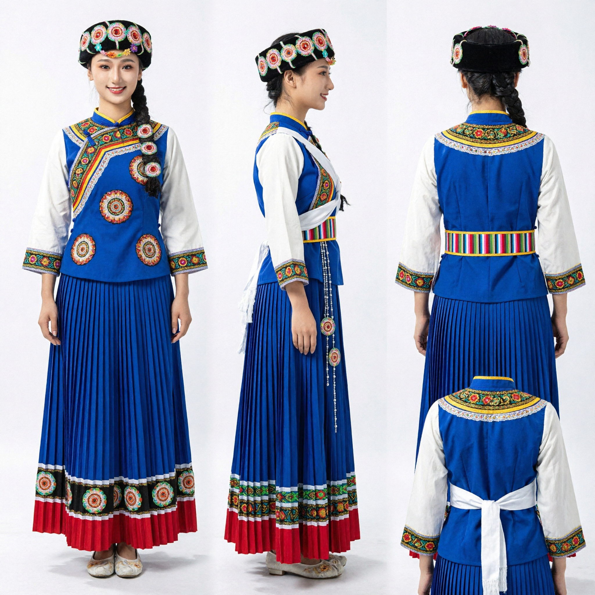 Traditional Chinese Ethnic Tibetan Style Blue Folk Dance Costume Complete Set for Women Stage Performance - Asian Costume