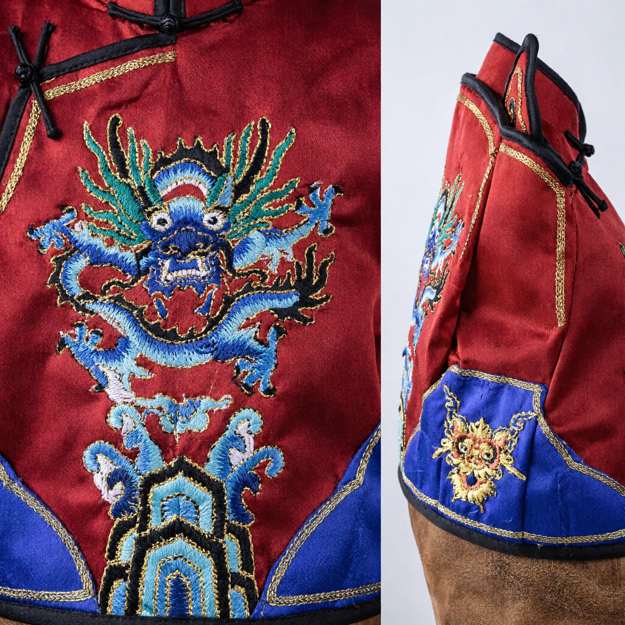 Traditional Chinese Peking Opera Headwear Red Mandarin Hat with Blue Dragon Embroidery for Men Costume - Asian Costume