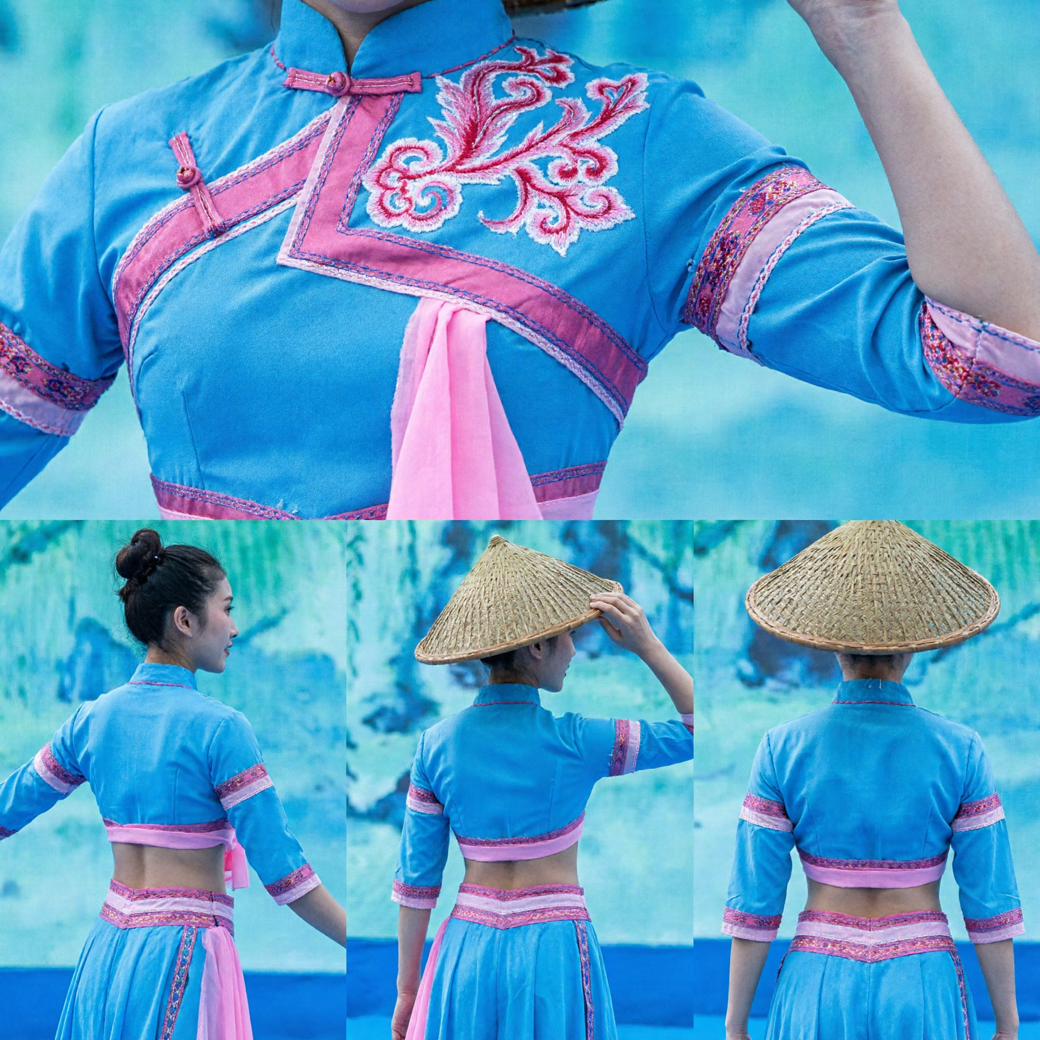 Traditional Chinese Blue Folk Dance Costume Set with Pink Trim and Straw Hat for Women Stage Performance - Asian Costume