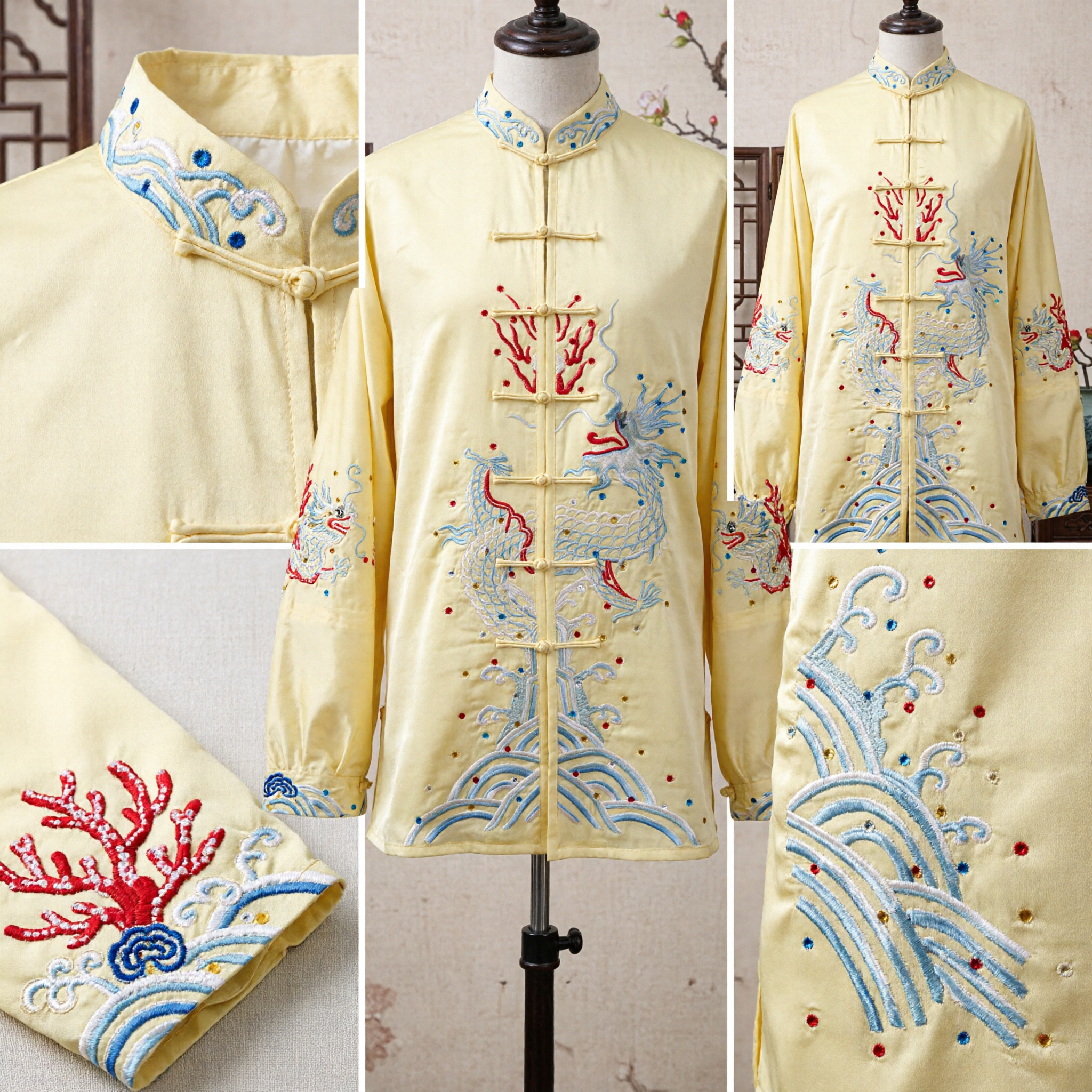 Elegant Yellow Dragon Embroidery Tai Chi Suit Traditional Kung Fu Uniform Martial Arts Performance Costume - Asian Costume