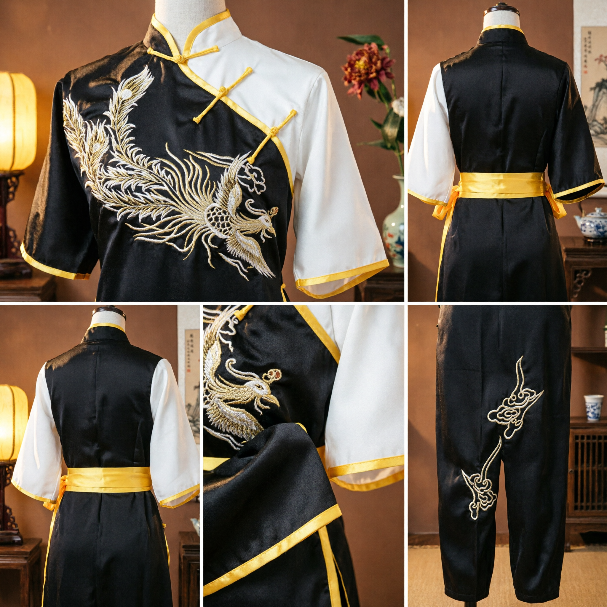 Traditional Chinese Kung Fu Uniform Black and White Satin Martial Arts Tai Chi Costume Set with Phoenix Embroidery - Asian Costume