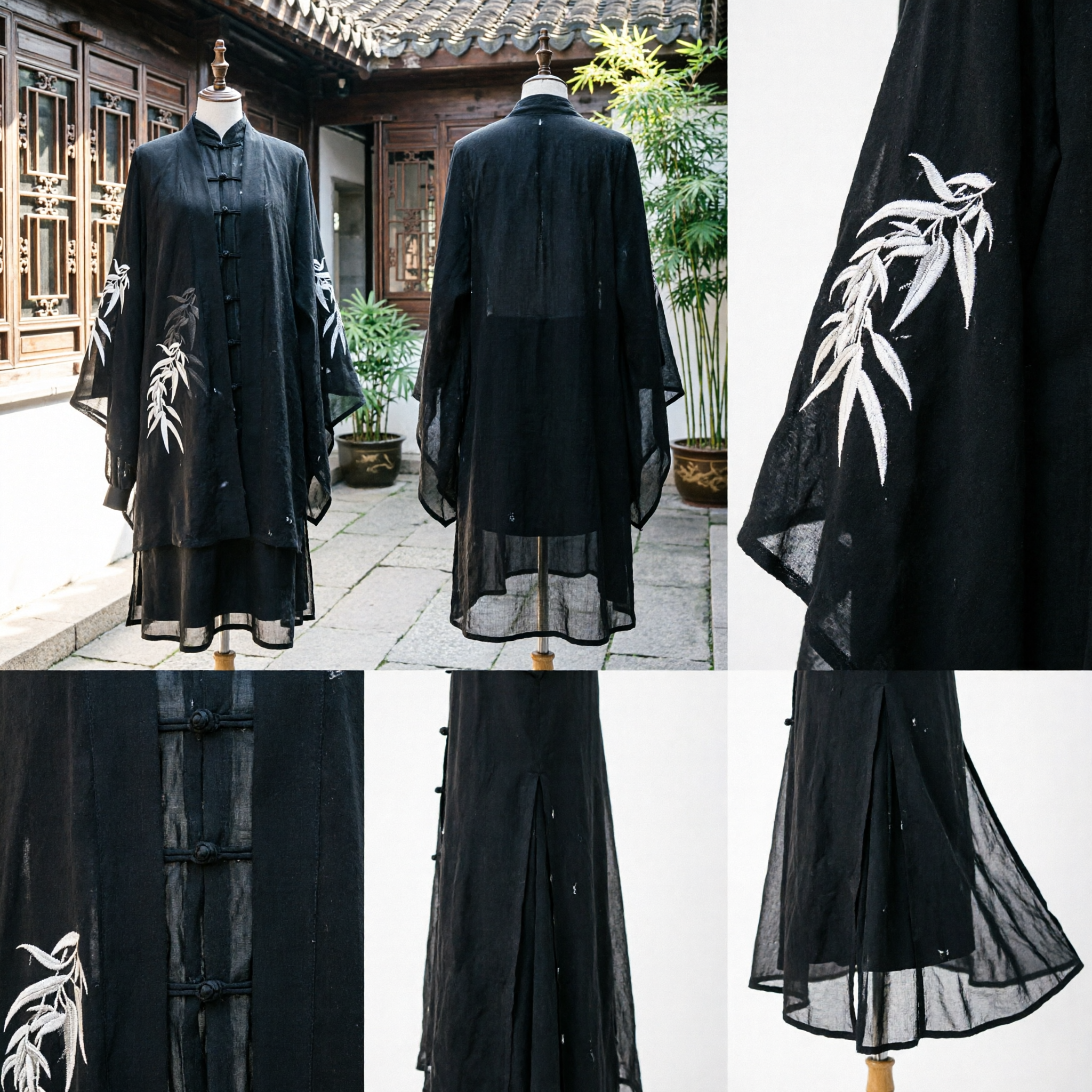 Black Chinese Style Bamboo Embroidery Cape Shawl Mandarin Collar Frog Button Loose Poncho Top for Women - Asian Costume