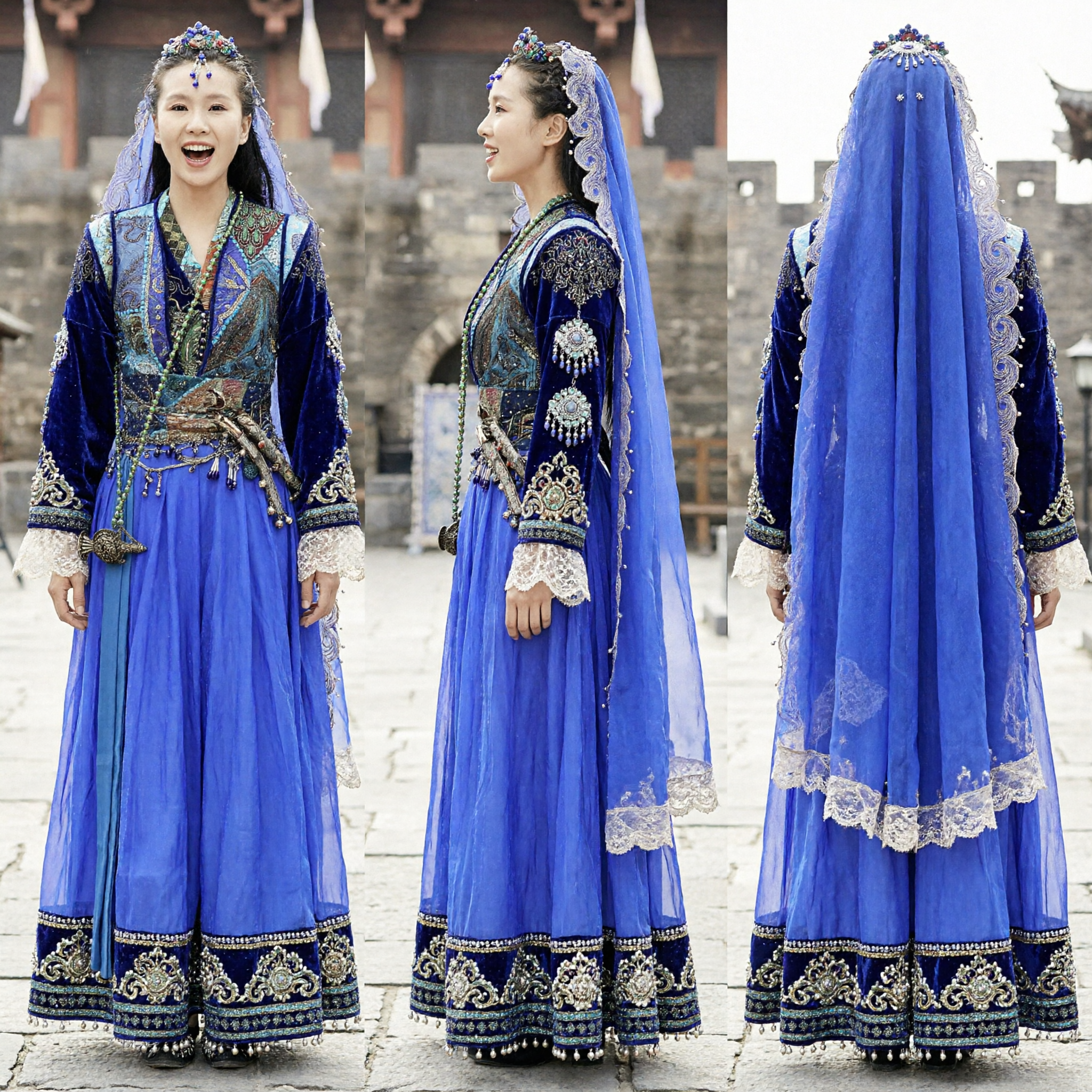 Blue Tang Dynasty Style Hanfu Chinese Traditional Costume with Embroidered Veil for Women Cosplay and Dance Performance - Asian Costume