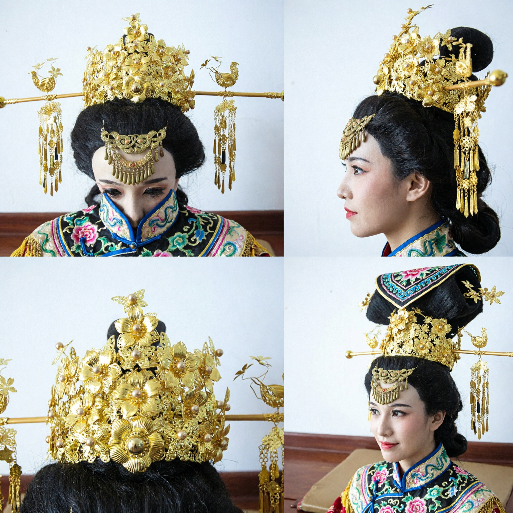 Elegant Ancient Chinese Golden Floral Headdress Set with Phoenix Hairpins and Forehead Jewelry for Hanfu Brides - Asian Costume