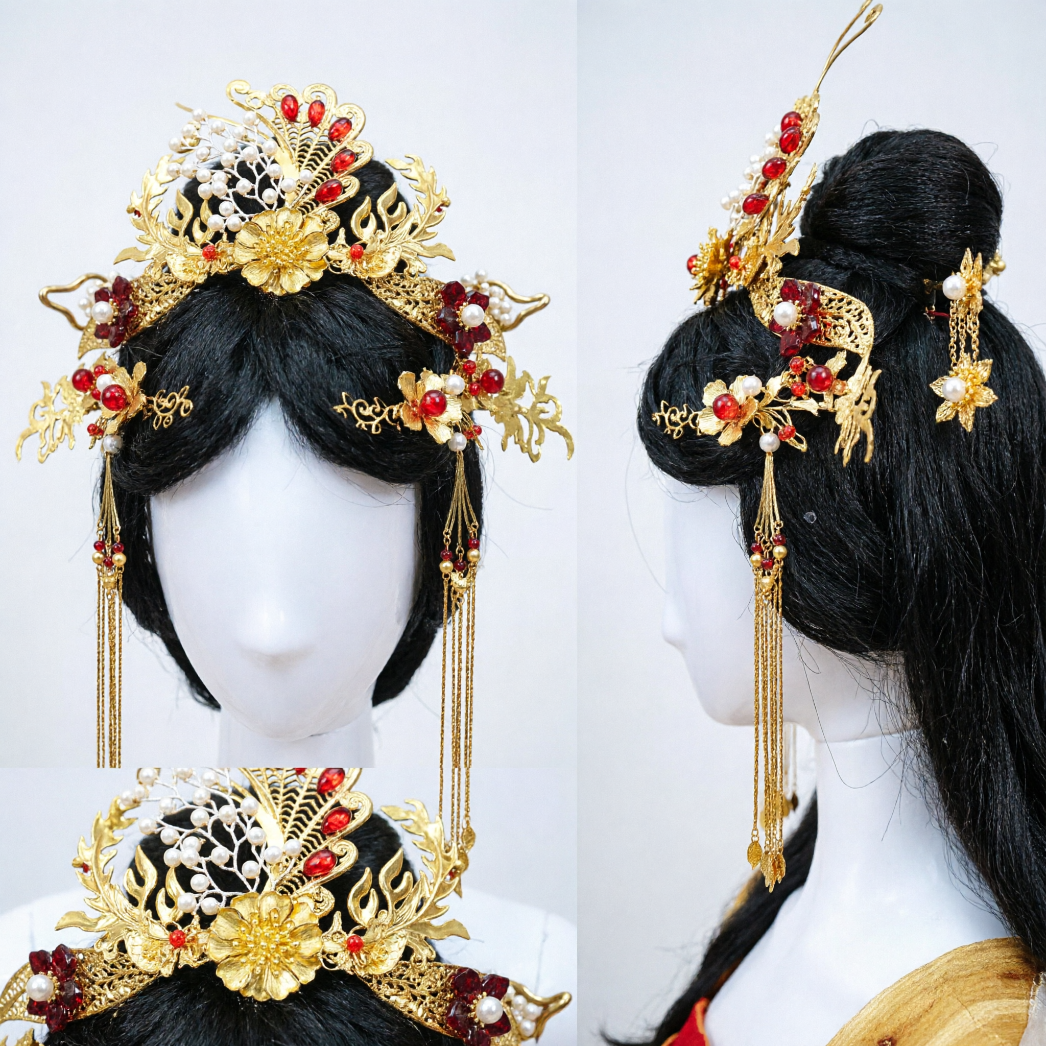 Traditional Chinese Hanfu Hair Crown Gold Phoenix Headdress Wedding Bride Ancient Costume Jewelry Headpiece - Asian Costume