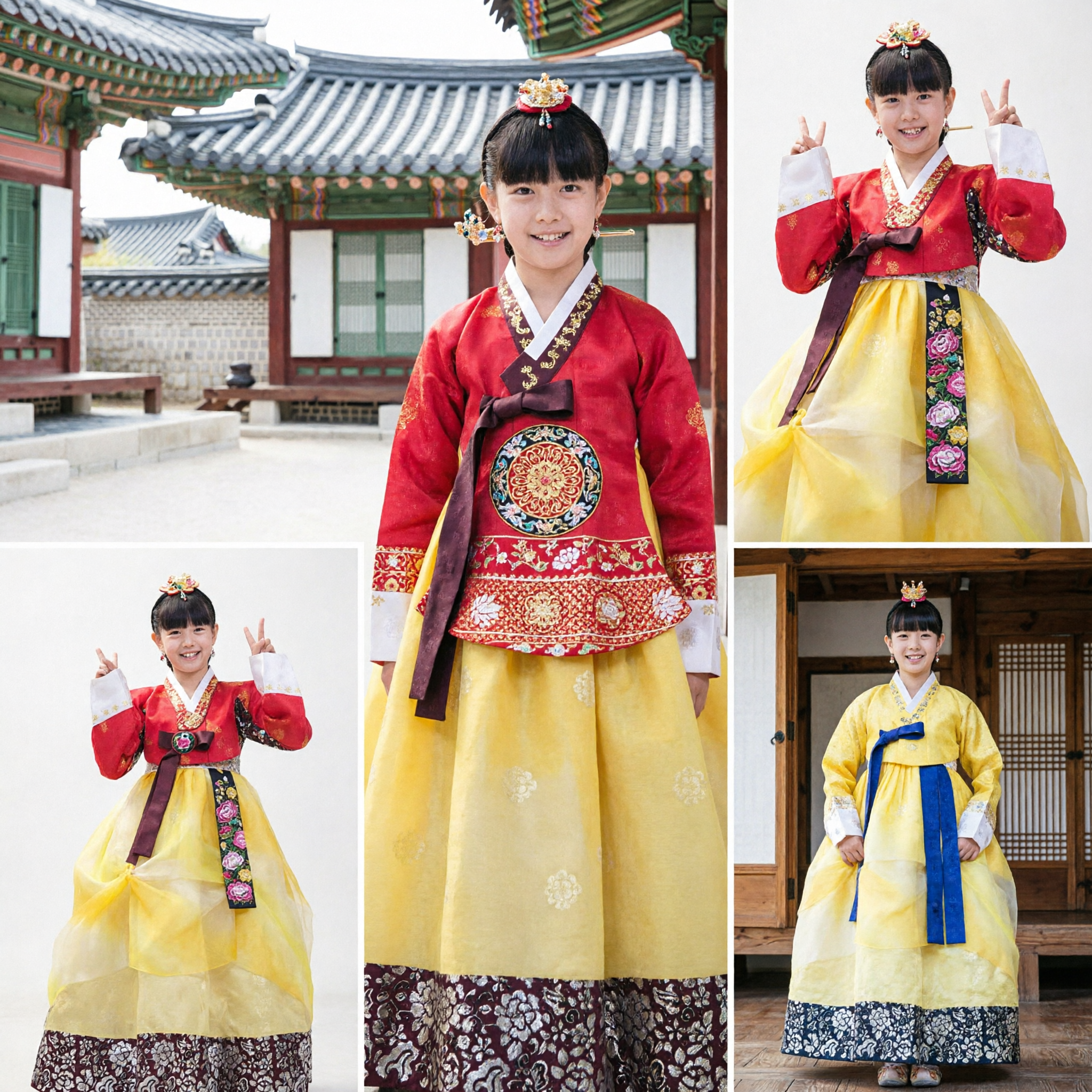 Traditional Korean Hanbok for Girls Red Top Yellow Skirt Set Kids Cultural Costume for Birthday and Holidays - Asian Costume
