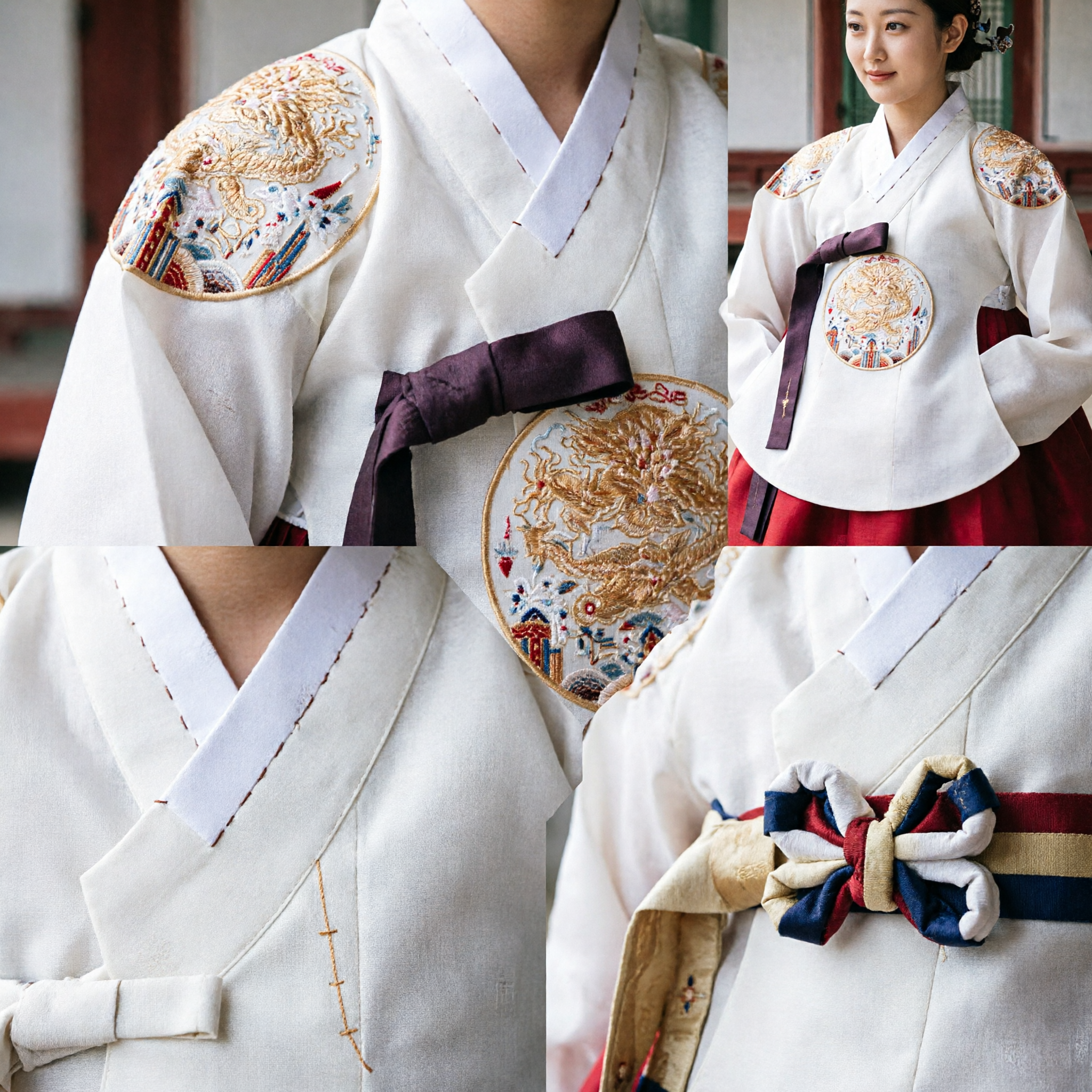 Traditional Korean Hanbok Wedding Dress for Women - White Jeogori with Gold Embroidery and Red Chima - Asian Costume