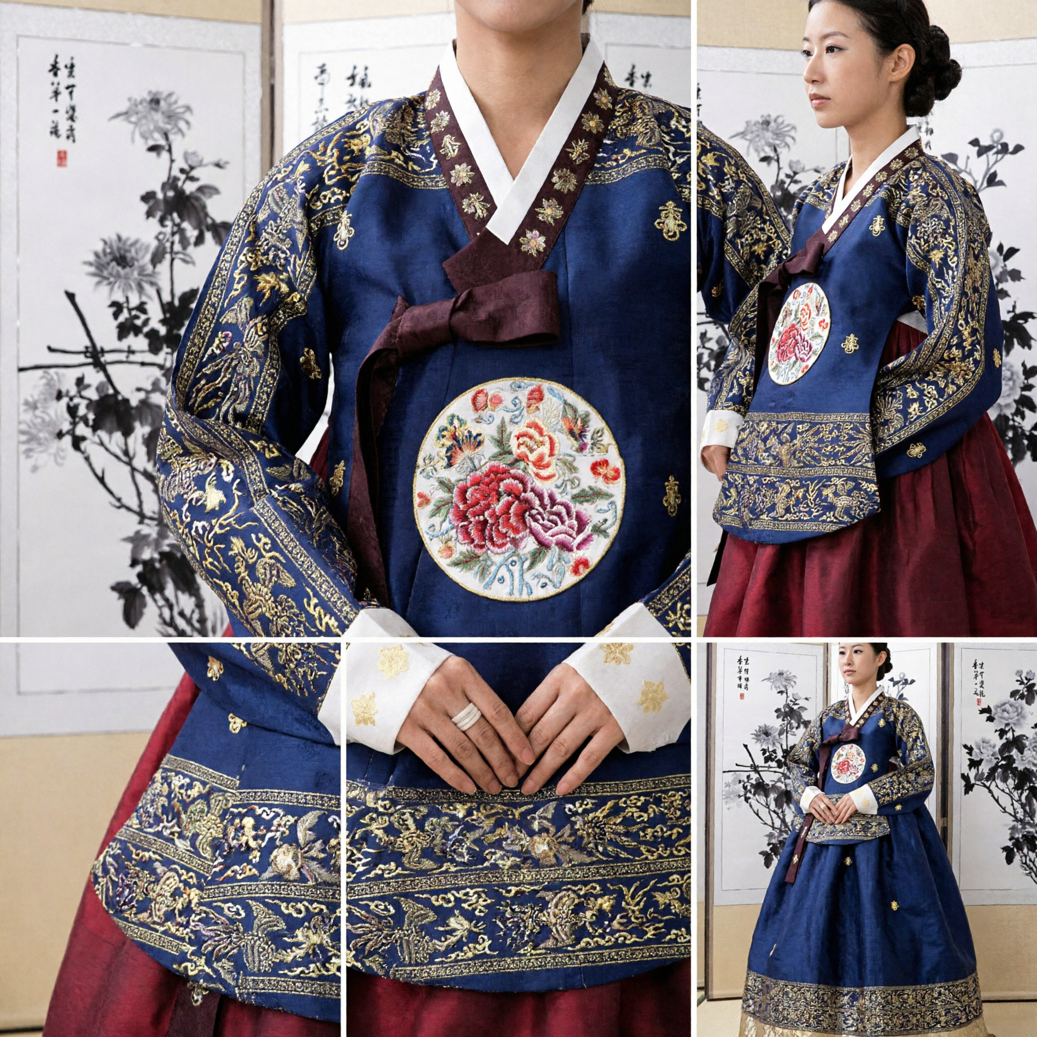 Elegant Navy Blue Korean Hanbok Traditional Dress with Gold Embroidery for Women Formal Occasions - Asian Costume