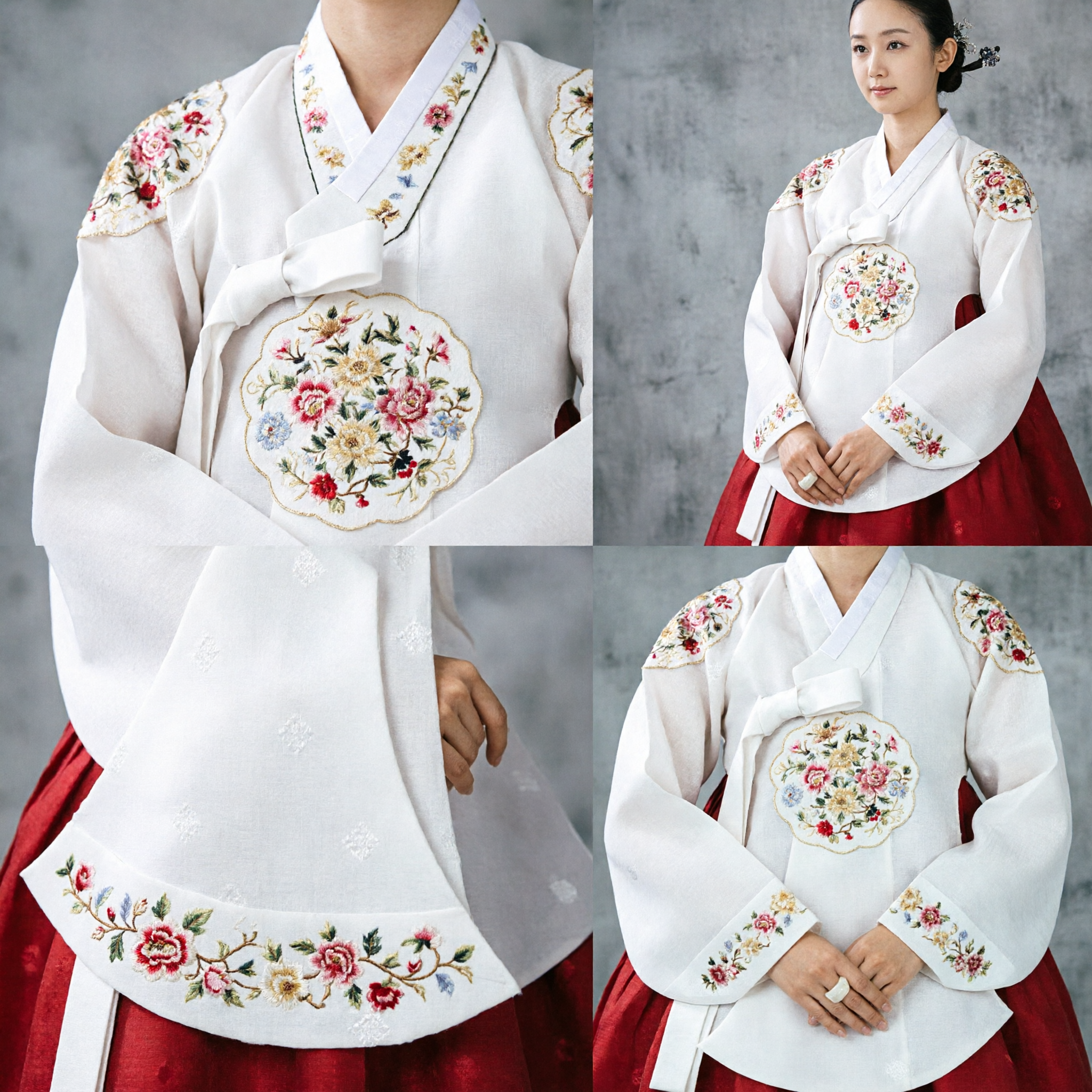 Traditional Korean Hanbok Dress for Women Elegant White Embroidered Jeogori and Red Chima Palace Style Costume - Asian Costume