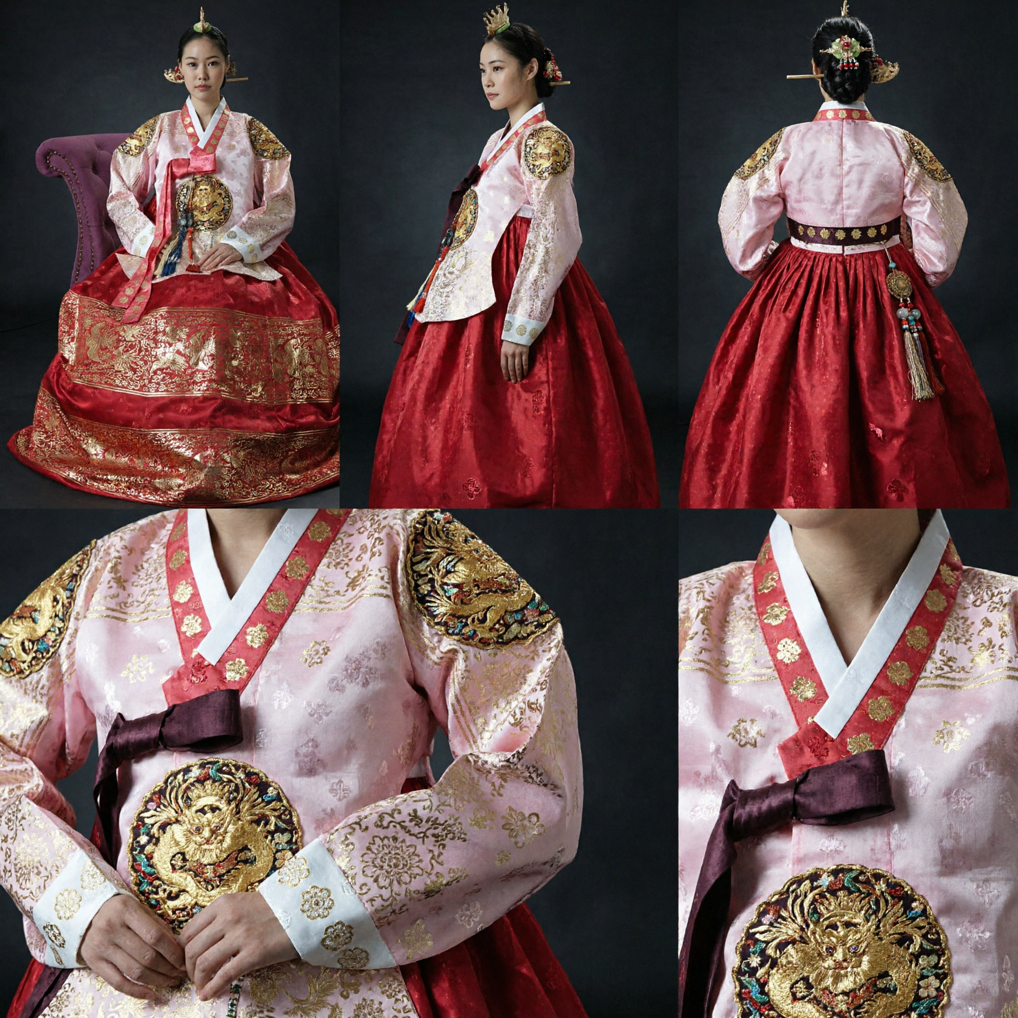 Traditional Korean Hanbok for Women Royal Palace Style Pink and Red Silk Dress with Gold Embroidery - Asian Costume