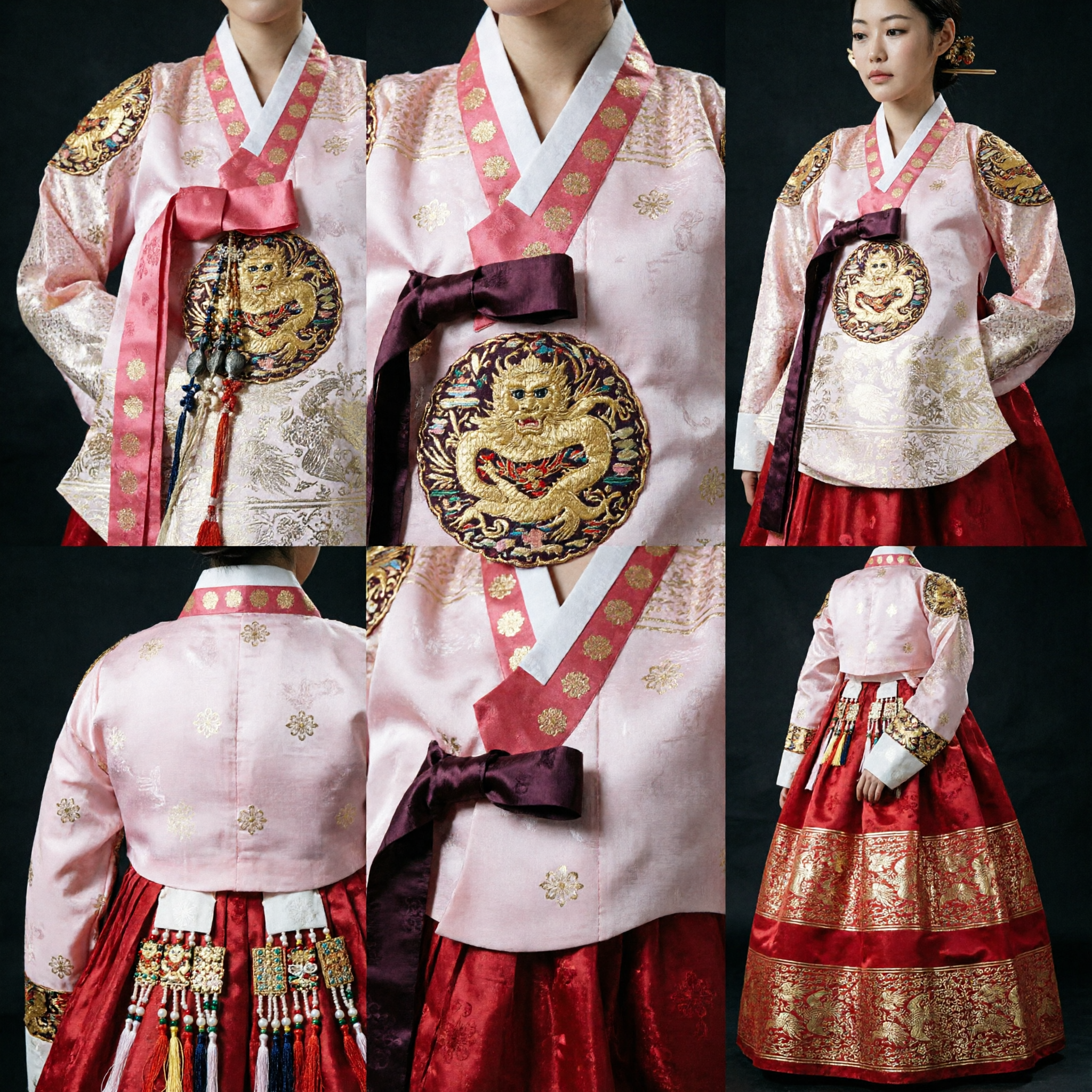 Women's Luxury Korean Hanbok Traditional Royal Court Style Red Skirt Pink Top Gold Dragon Embroidery Wedding Costume - Asian Costume