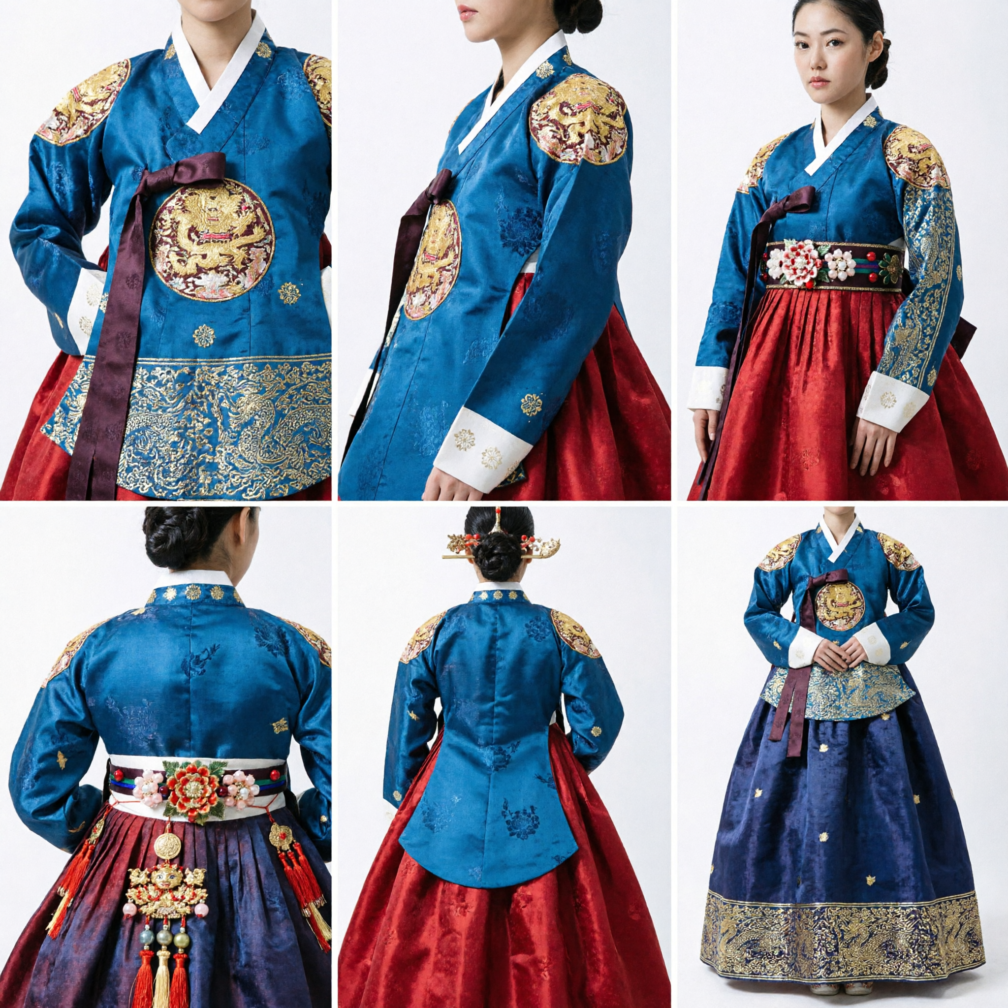 Authentic Korean Hanbok Traditional Dress for Women Royal Court Ceremony Blue Top Red Skirt Gold Embroidery - Asian Costume