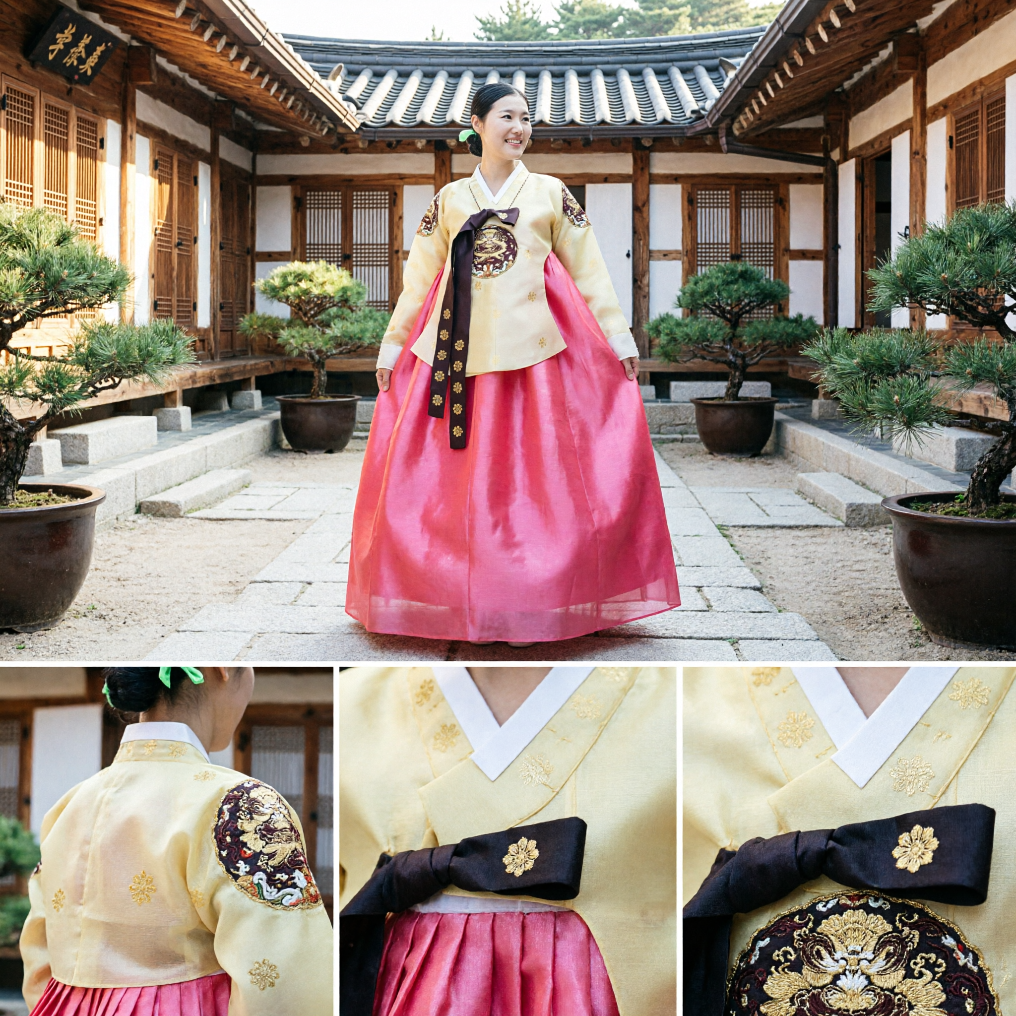 Traditional Korean Hanbok Palace Style Women's Dress Yellow Top Pink Skirt Embroidered Wedding Costume - Asian Costume