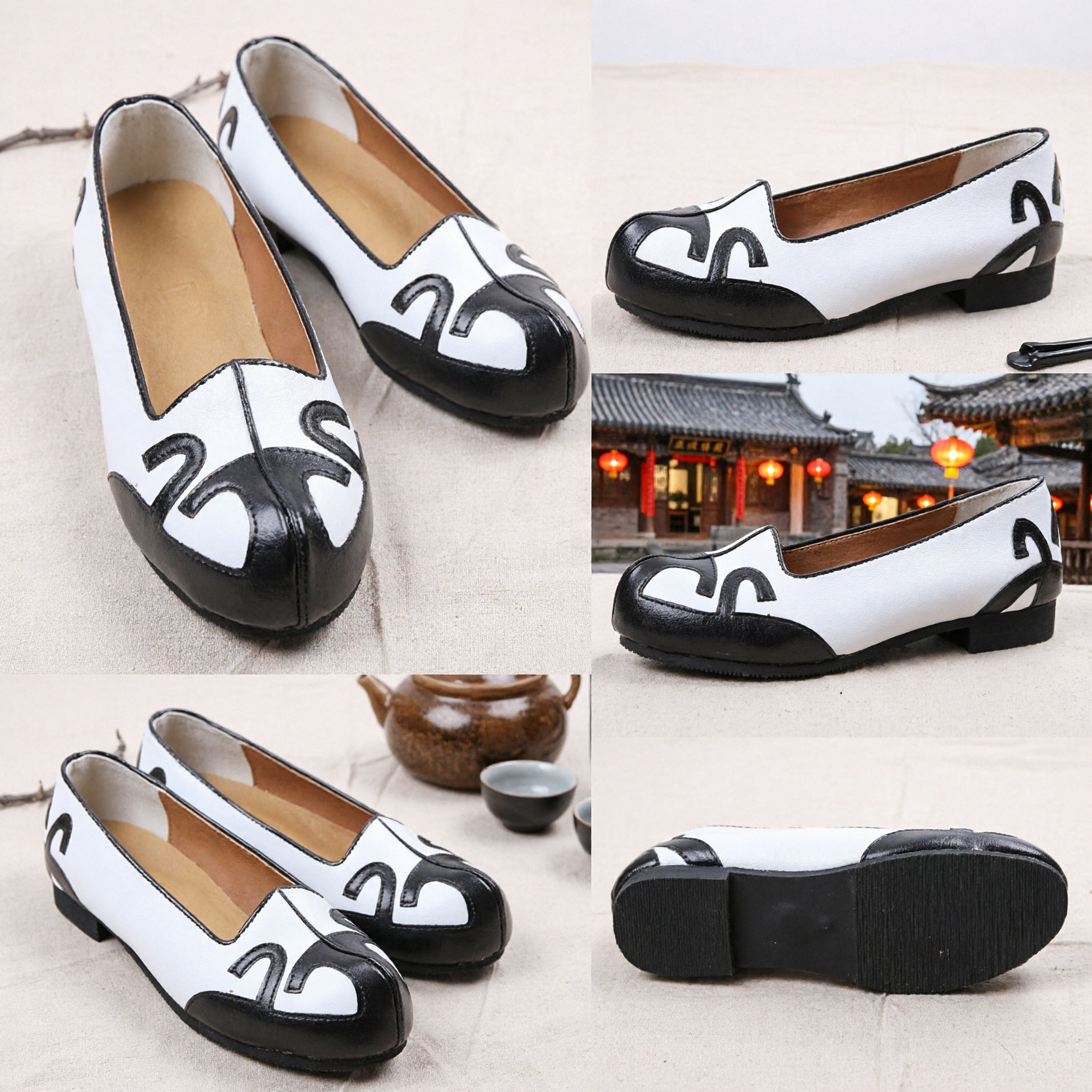 Traditional Chinese Black and White Cloud Pattern Cloth Shoes Hanfu Costume Flats for Women and Men - Asian Costume