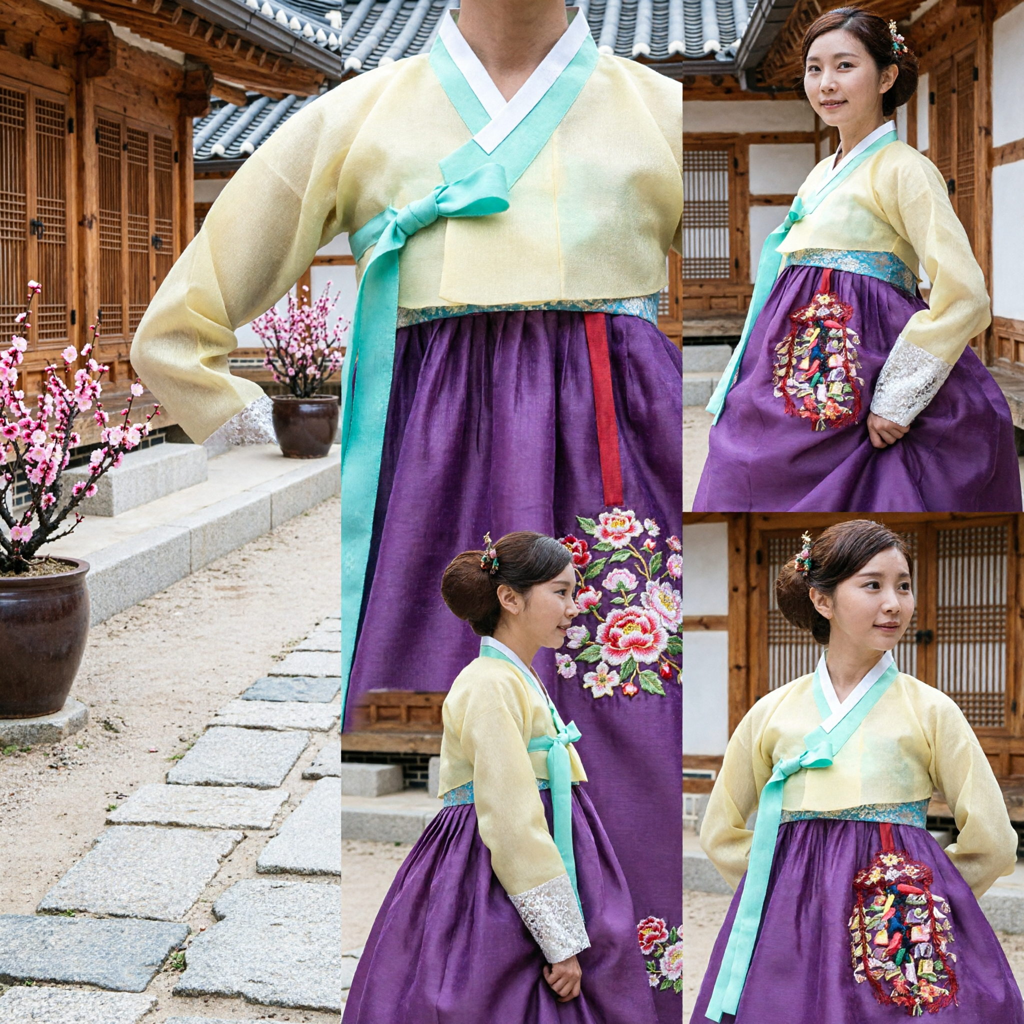 Women's Traditional Korean Hanbok Dress Pale Yellow Jeogori Purple Chima Formal Wedding Costume - Asian Costume