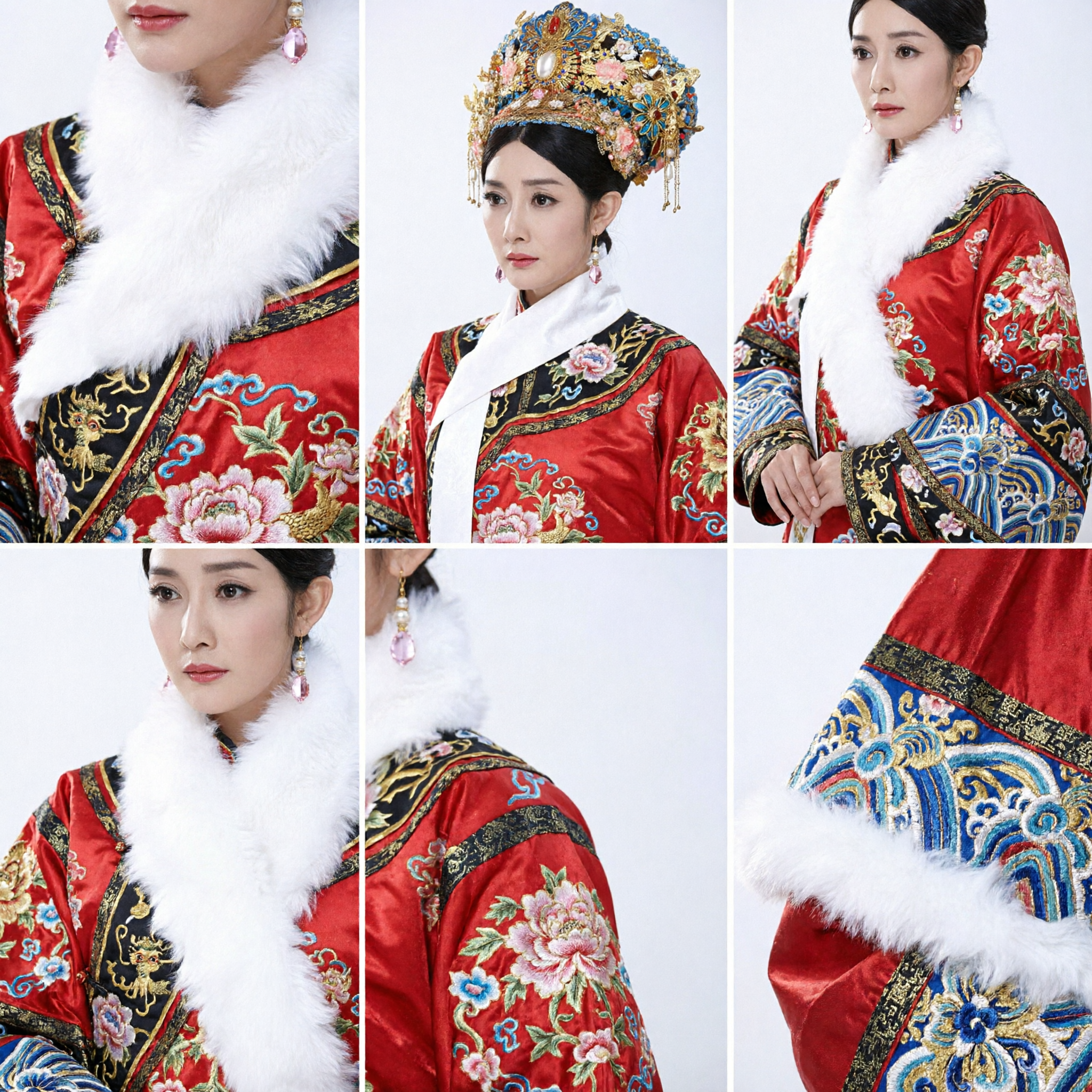 Traditional Chinese Qing Dynasty Manchu Empress Phoenix Crown Blue Gold Floral Headdress Hair Accessories for Wedding - Asian Costume