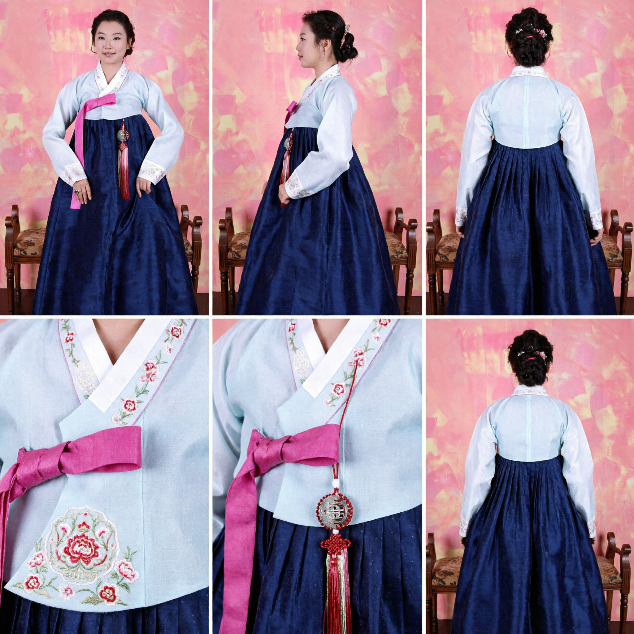 Elegant Women's Traditional Korean Hanbok Dress Blue Chima White Jeogori for Wedding and Festivals - Asian Costume