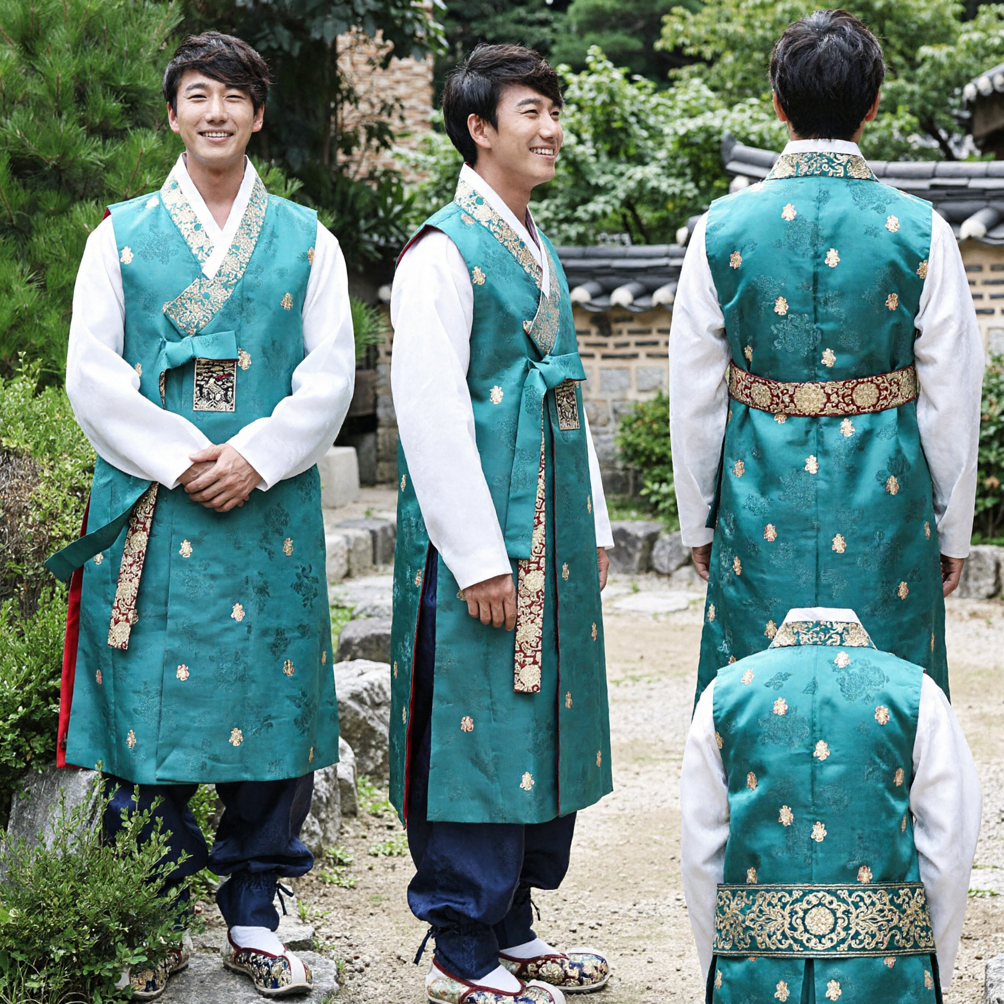 Men's Traditional Korean Hanbok Teal Wedding Vest Set with Gold Trim for Groom Ceremony - Asian Costume