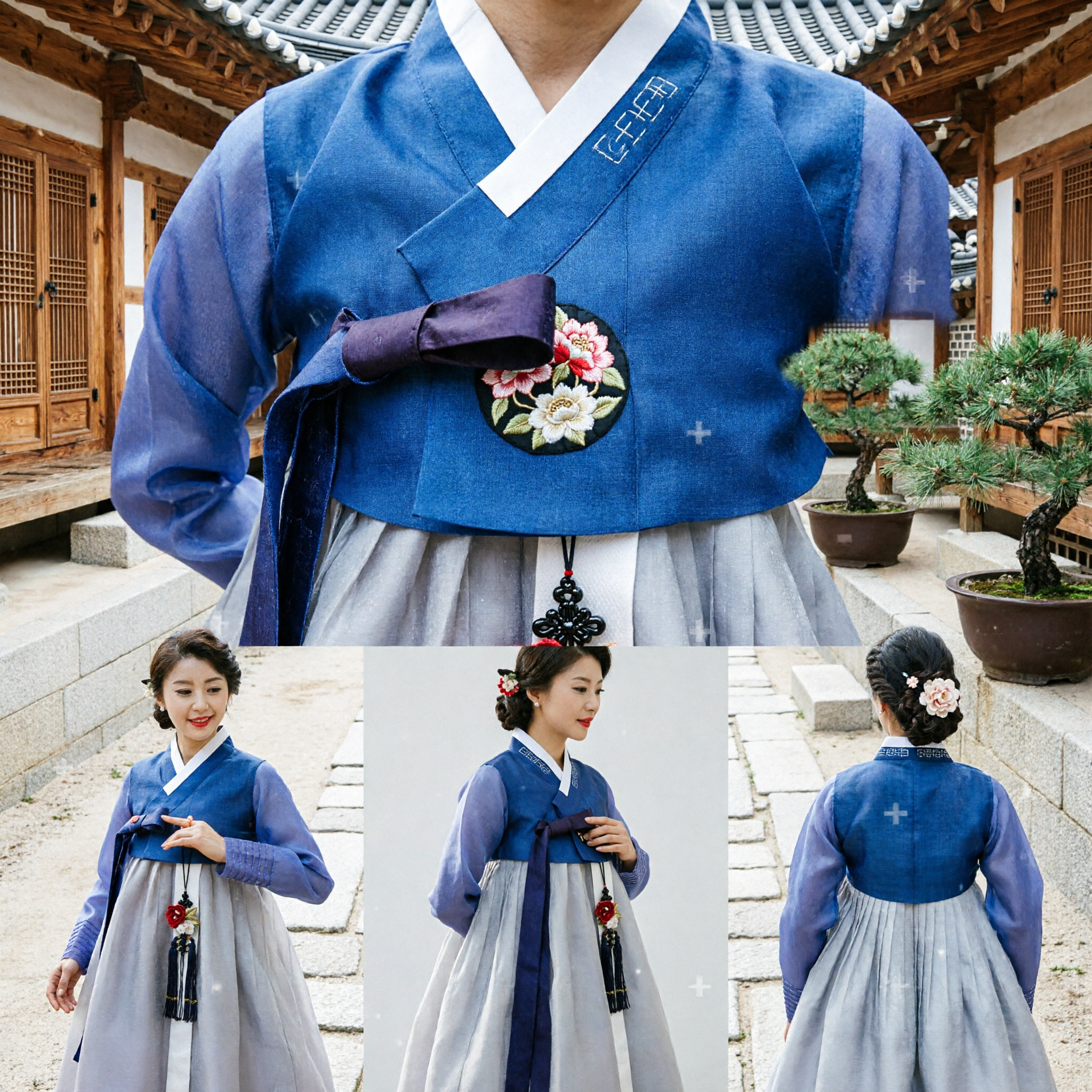 Elegant Blue and Grey Traditional Korean Hanbok Dress for Women Formal Wedding Party Costume - Asian Costume