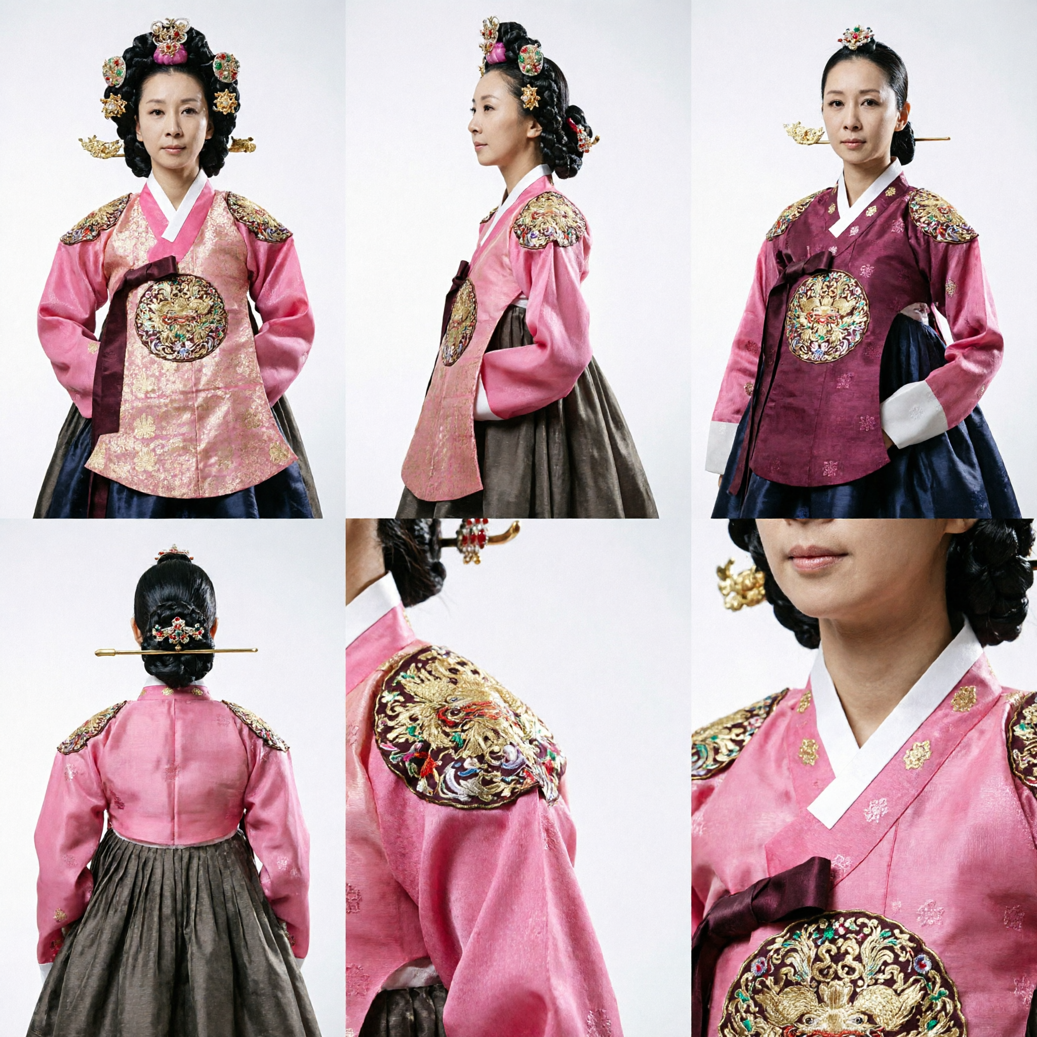 Women's Pink Korean Hanbok Traditional Dress Royal Court Style with Gold Embroidery and Headdress - Asian Costume