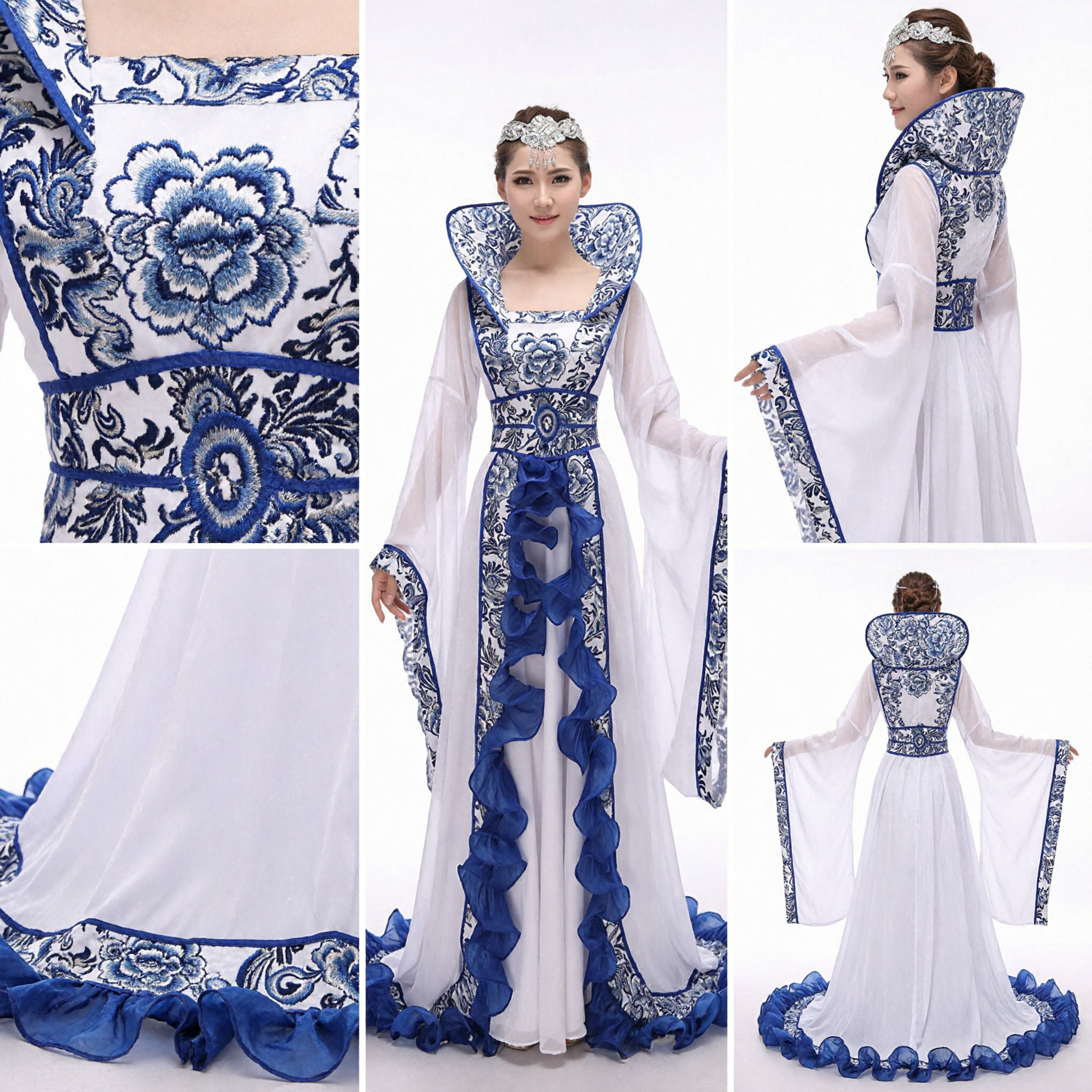 Elegant Blue and White Porcelain Chinese Traditional Hanfu Dress Women Stage Performance Dance Costume - Asian Costume