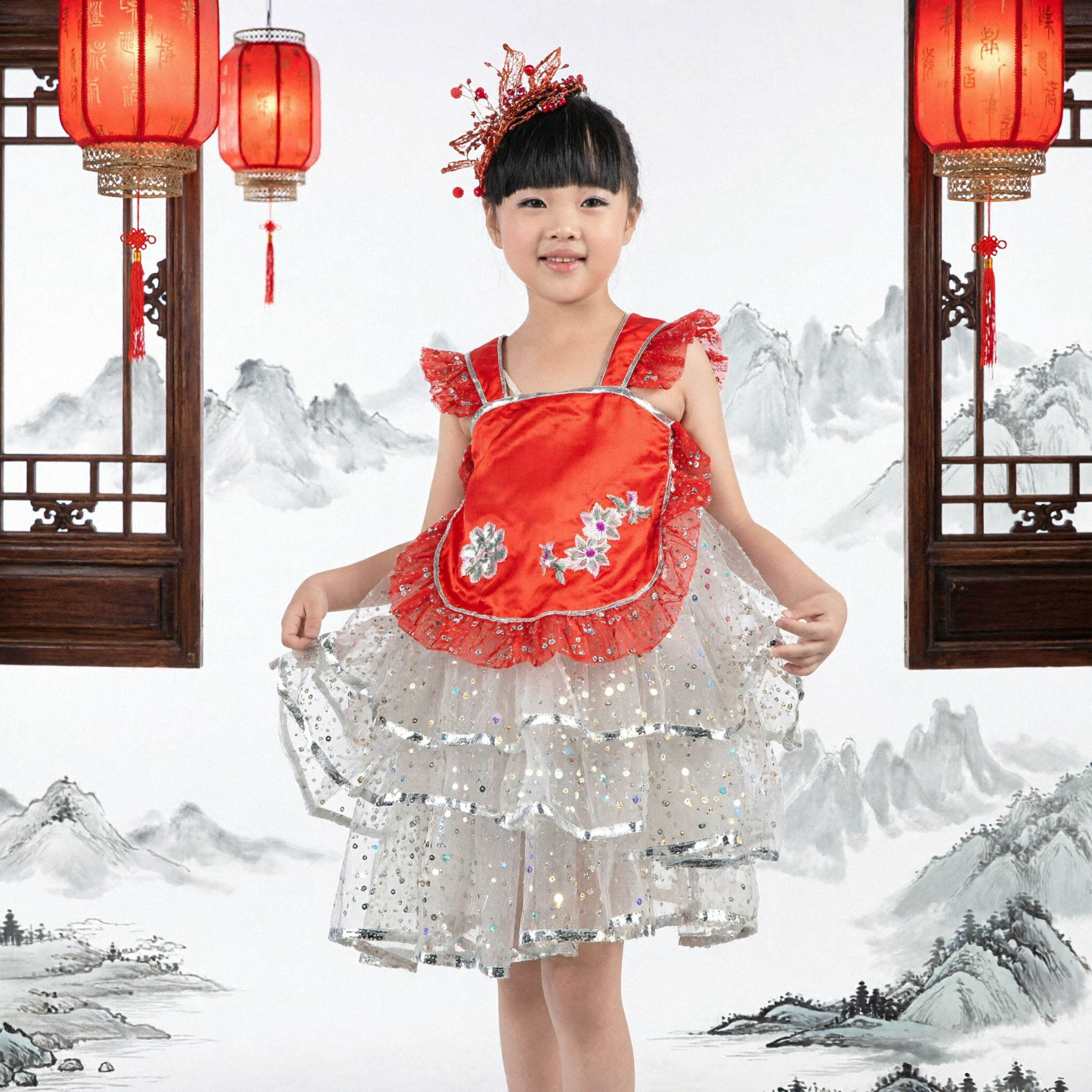 Traditional Chinese Folk Dance Costume for Girls Red Koi Fish Sequin Dress Stage Performance Outfit - Asian Costume