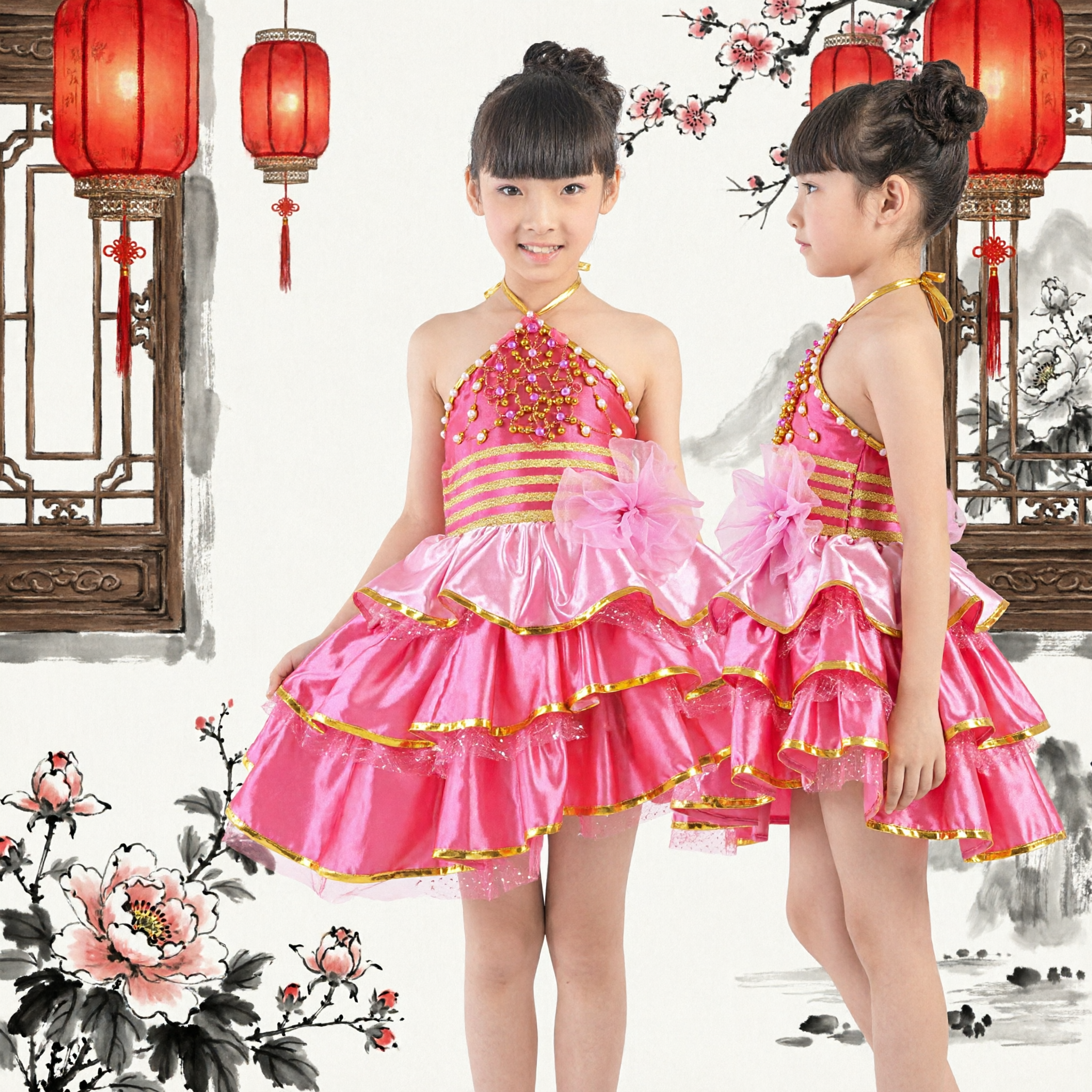 Girls Pink Sequin Halter Dance Costume with Ruffled Skirt and Gold Trim for Stage Performance - Asian Costume