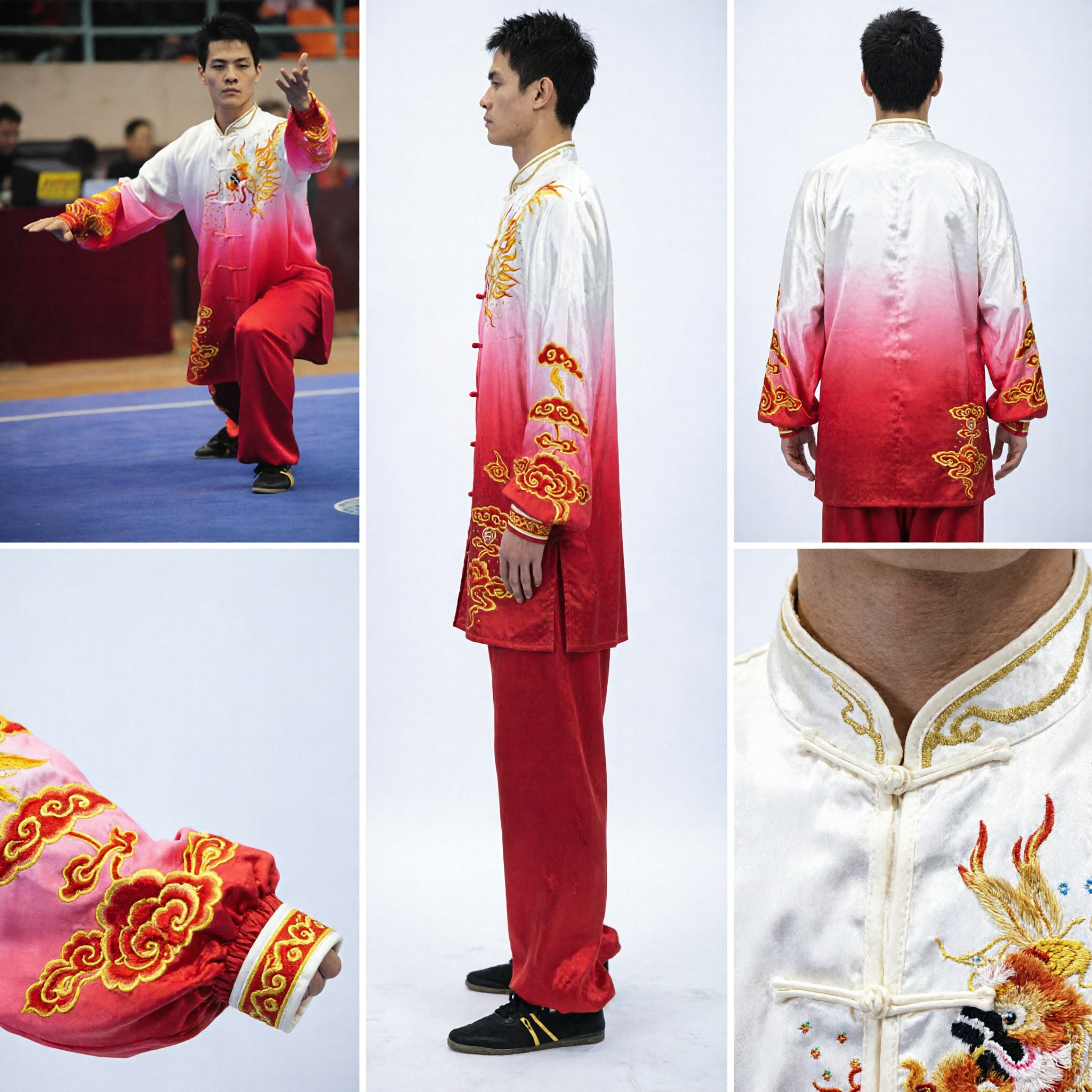 Men's Traditional Wushu Kung Fu Uniform Gradient Red Dragon Embroidery Tai Chi Competition Suit - Asian Costume