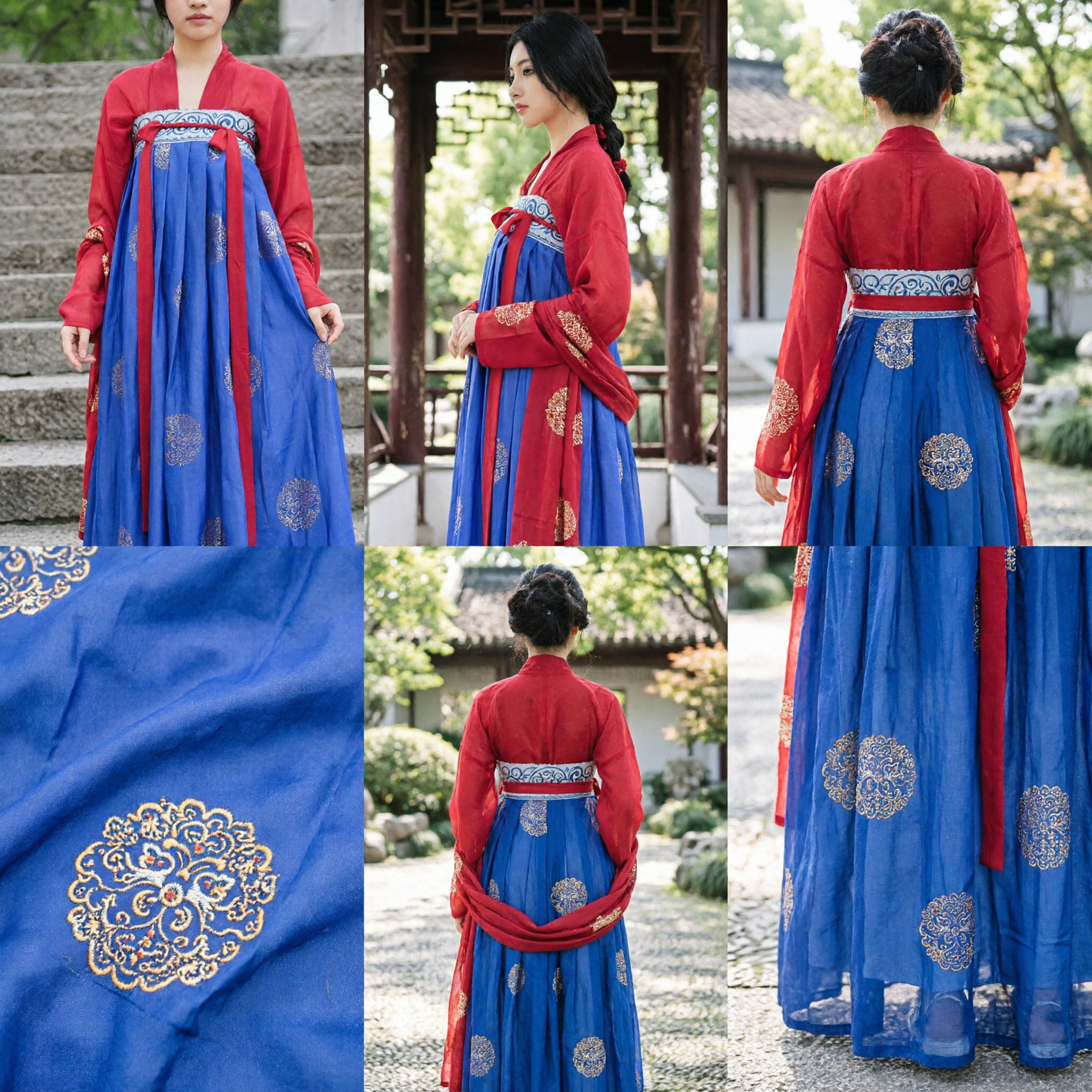 Elegant Traditional Chinese Hanfu Tang Dynasty Ruqun Costume Red and Blue Ancient Palace Dress for Women - Asian Costume