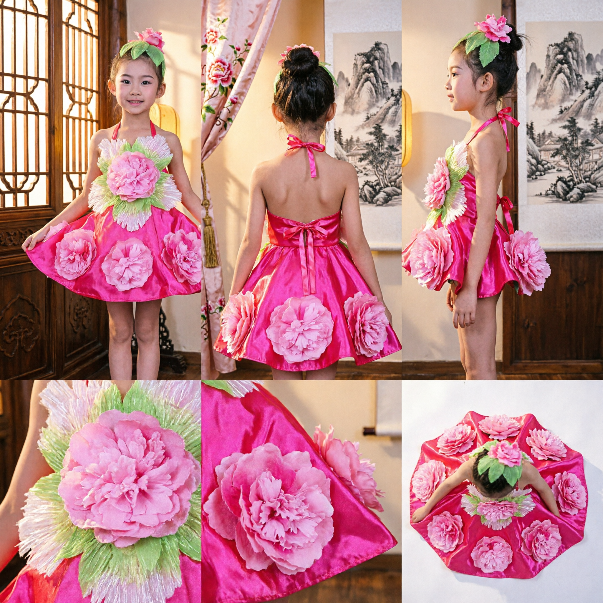 Girls Pink Flower Dance Costume Chinese Folk Dance Stage Performance Dress with Matching Headpiece - Asian Costume