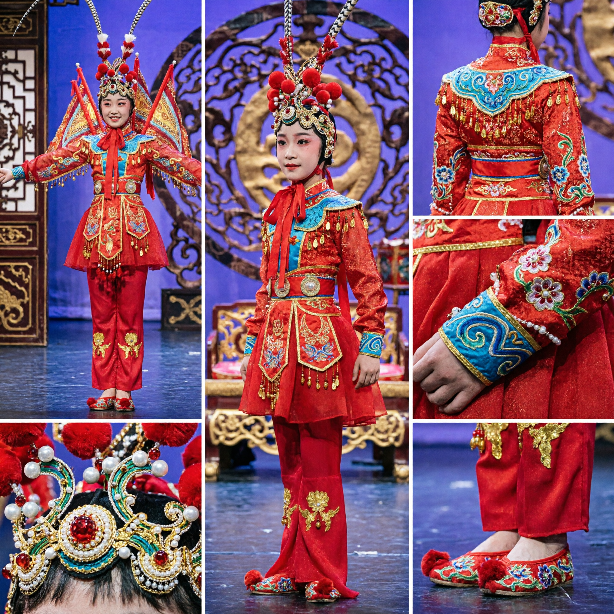 Kids Chinese Traditional Female Warrior General Costume Red Embroidered Opera Dance Stage Performance Outfit with Headdress - Asian Costume