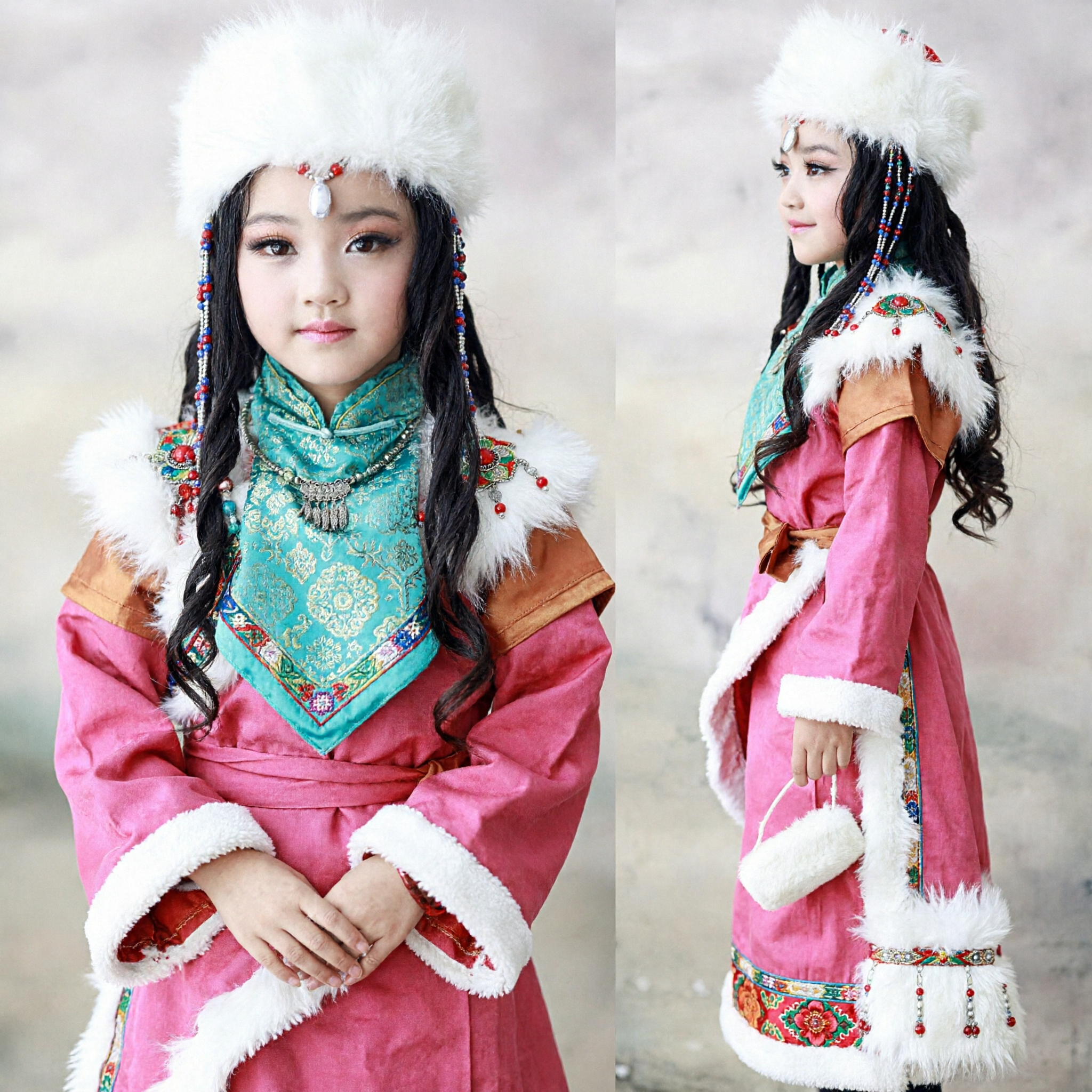 Girls Traditional Mongolian Ethnic Costume Pink Robe with White Fur Hat Folk Dance Performance Outfit - Asian Costume