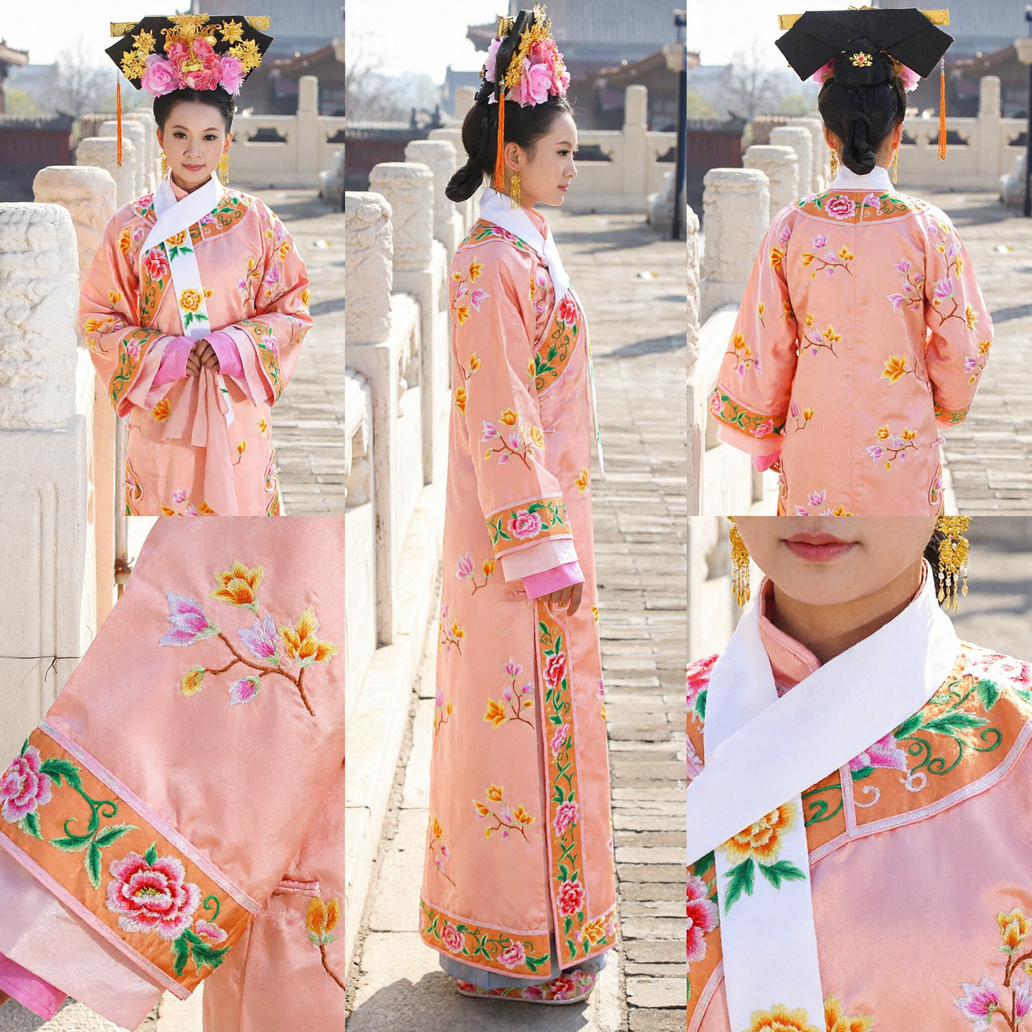 Traditional Chinese Qing Dynasty Manchu Princess Costume Pink Floral Embroidered Robe with Headdress for Women Cosplay - Asian Costume
