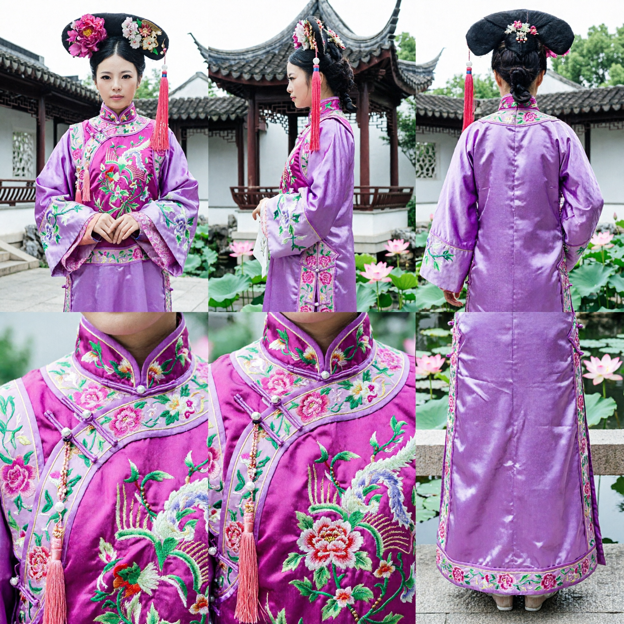 Ancient Chinese Qing Dynasty Empress Costume Purple Manchu Dress with Floral Headdress for Women Cosplay Performance - Asian Costume