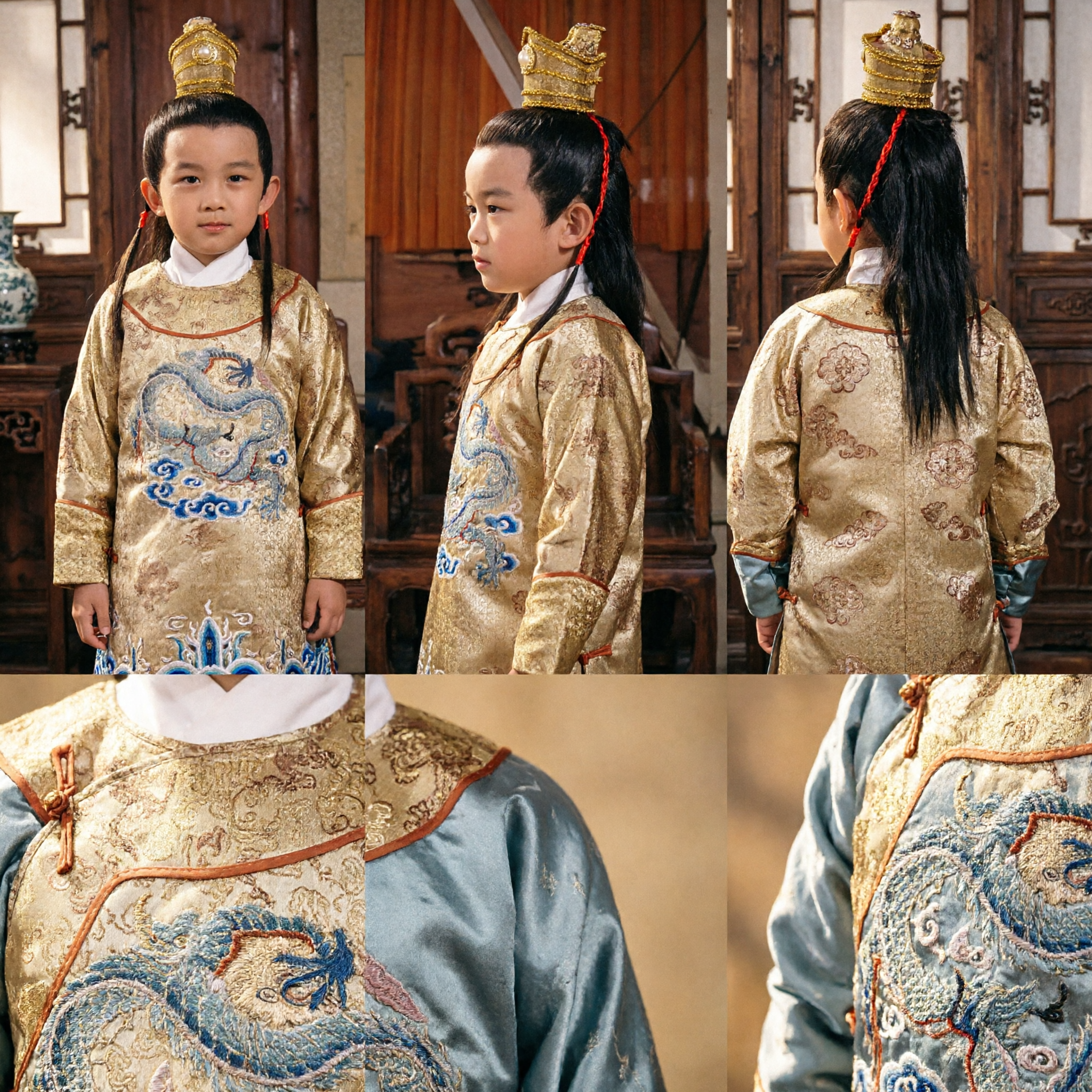 Kids Boys Ancient Chinese Prince Emperor Costume Dragon Robe Hanfu Crown Set Halloween Cosplay - Asian Costume