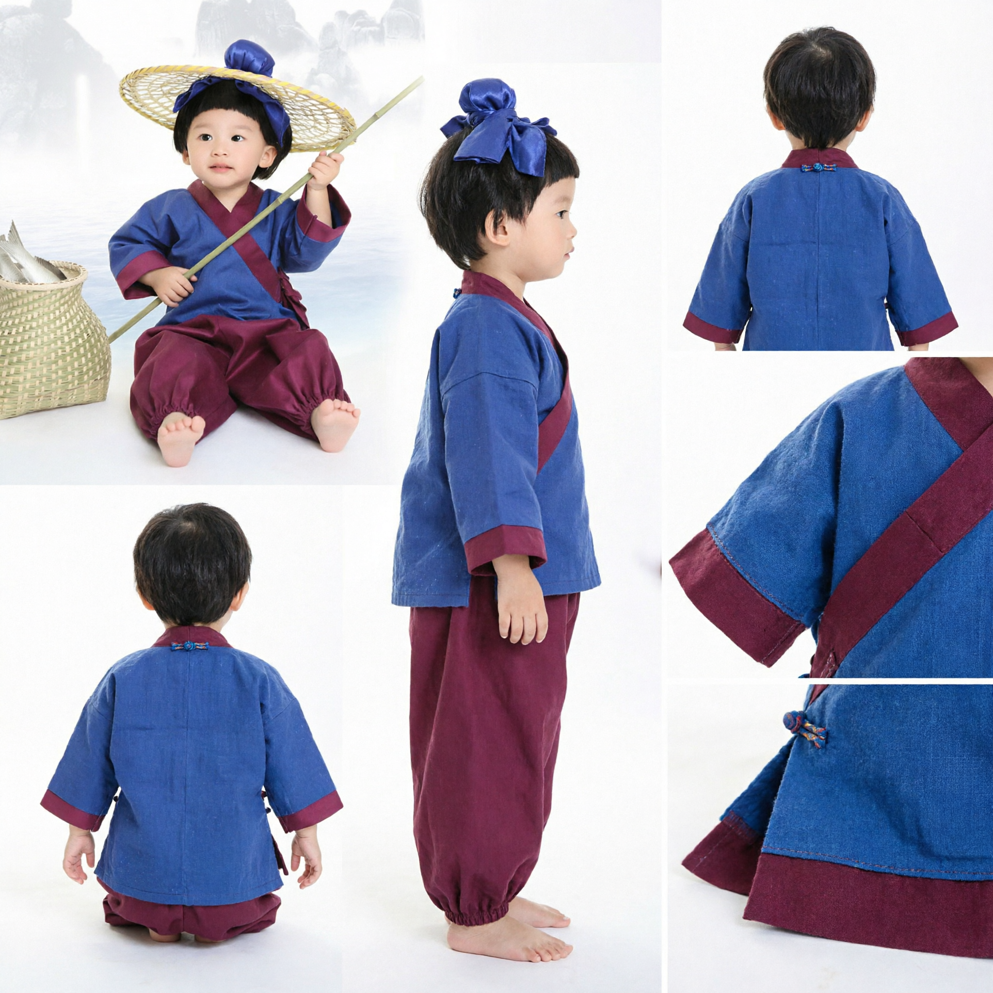 Boys Girls Ancient Chinese Fisherman Costume Traditional Hanfu Outfit with Straw Hat for Kids Cultural Performance - Asian Costume