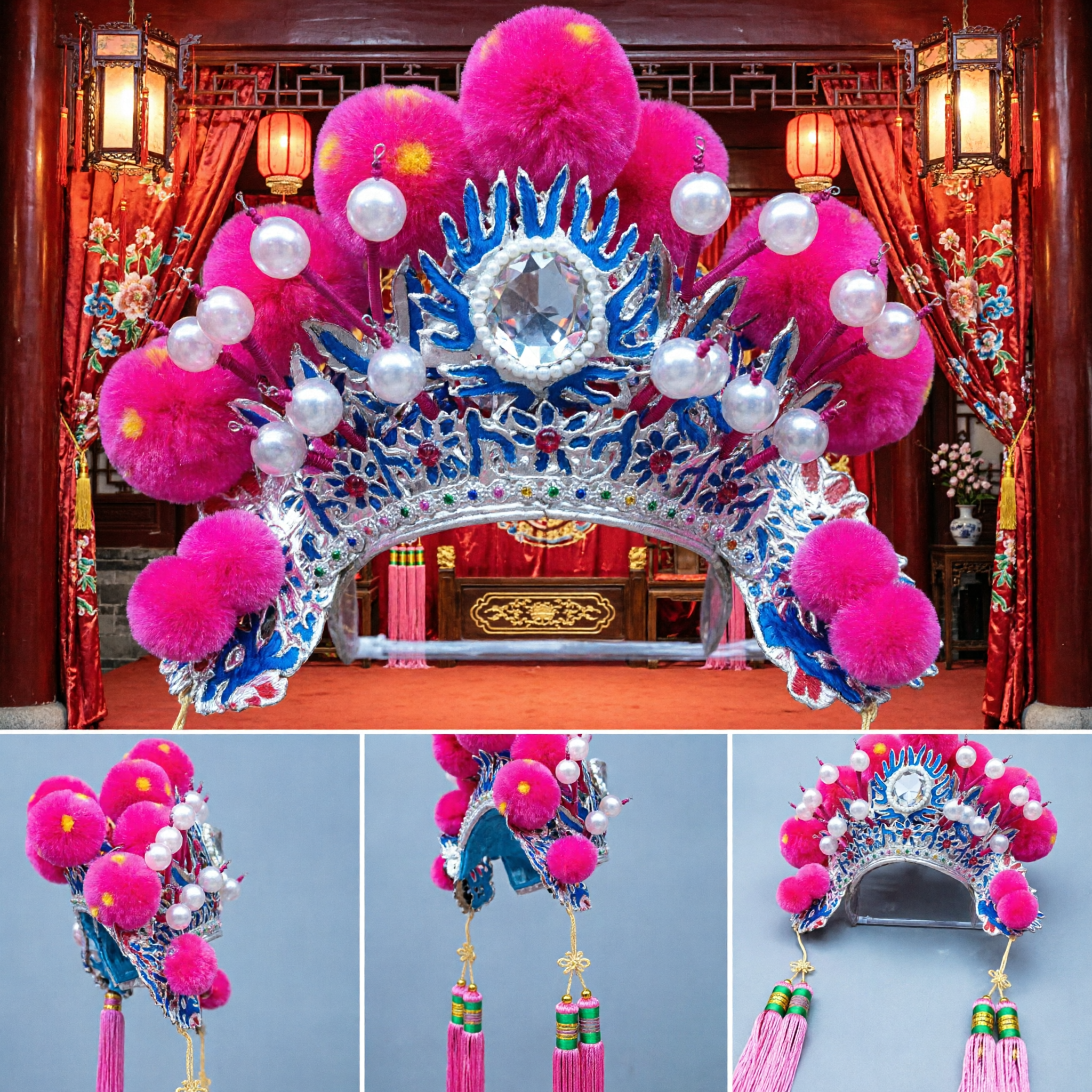 Traditional Chinese Opera Headdress Pink Phoenix Crown Peking Opera Costume Hairpiece for Stage Performance and Festivals - Asian Costume